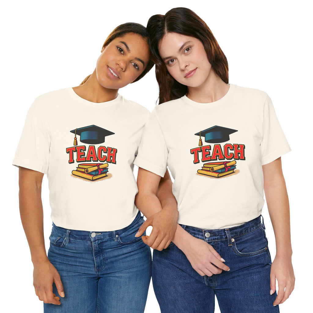 Teach Graduation T‑Shirt — Teacher Gift Tee with Cap & Books Design