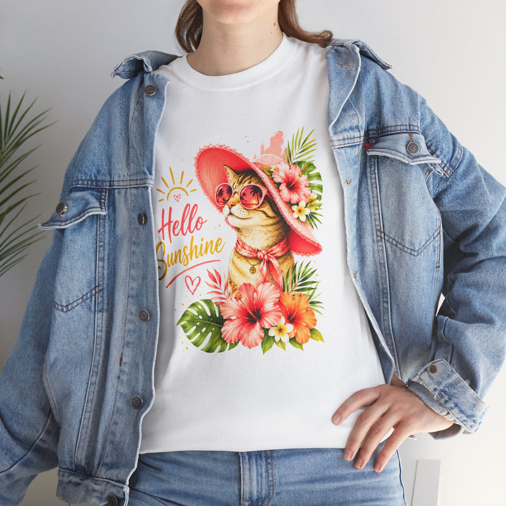 Hello Sunshine Cat Shirt | Cute Floral Cat T-Shirt | Tropical Summer Kitty Tee | Cat Lover Gift | Cute Women's Graphic Tee