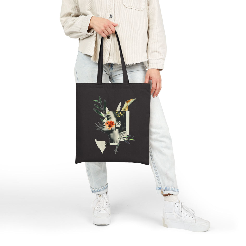 Artistic Floral Portrait Tote — Botanical Collage Cotton Canvas Bag