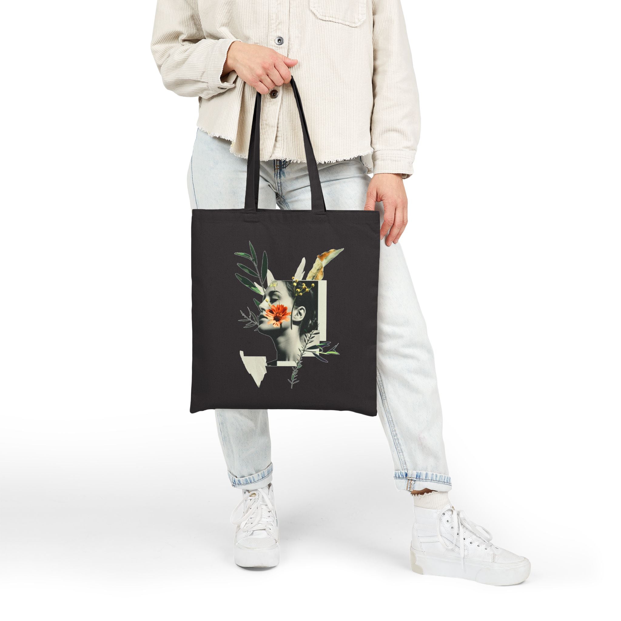 Artistic Floral Portrait Tote — Botanical Collage Cotton Canvas Bag