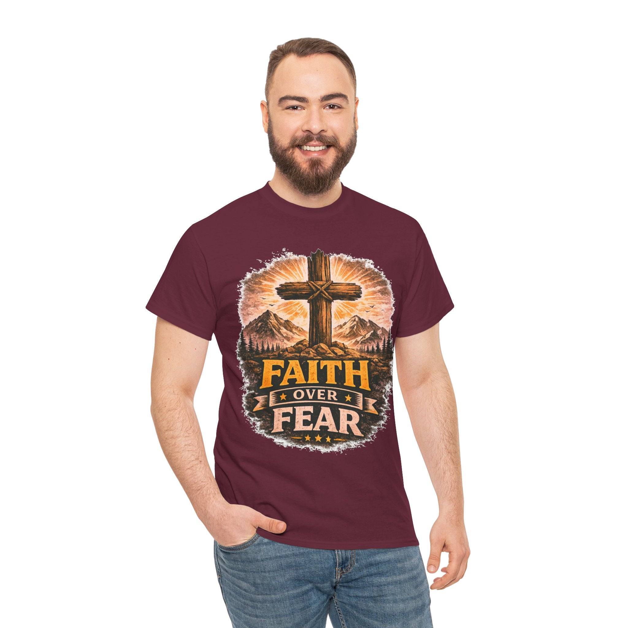 Faith Over Fear T-Shirt | Christian Cross Shirt | Religious Graphic Tee | Bible Verse Gift | Men's Faith Shirt