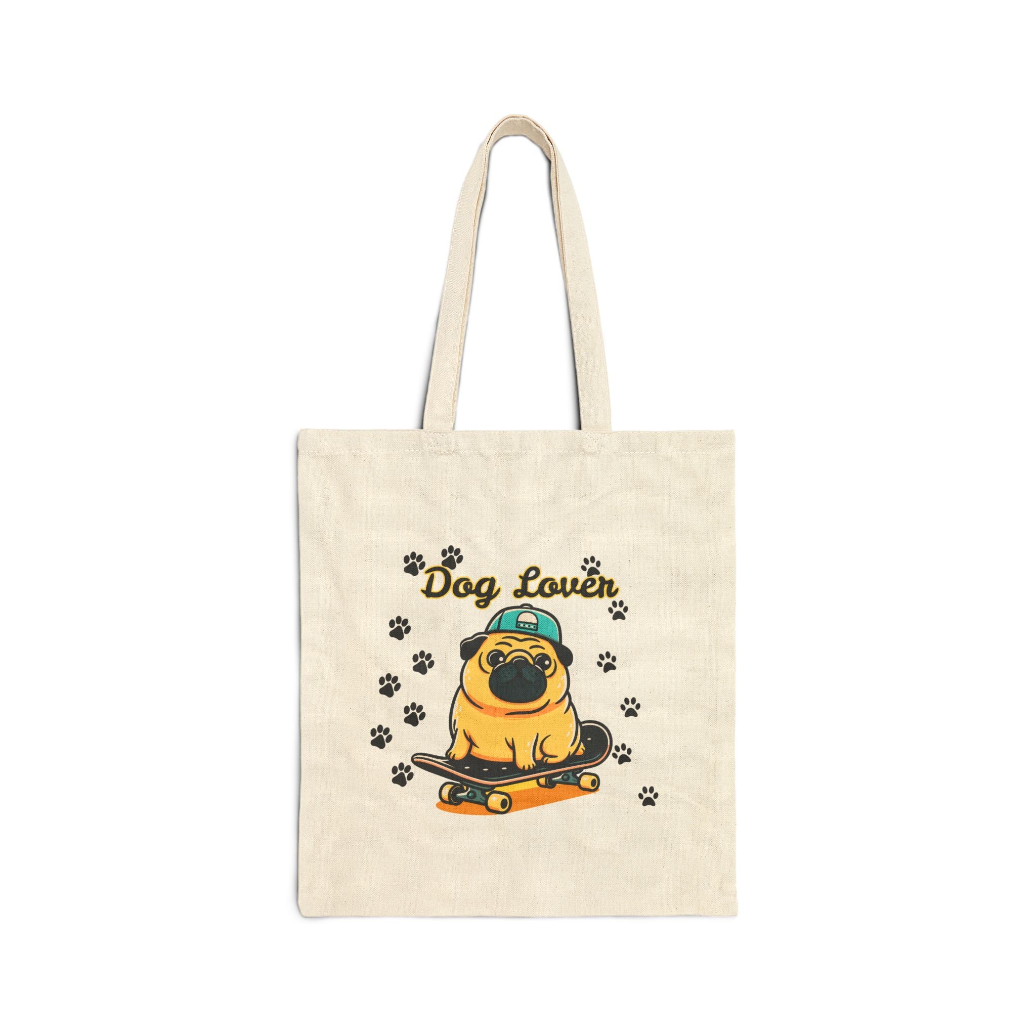 Dog Lover Tote Bag — Cute Pug on Skateboard Canvas Tote