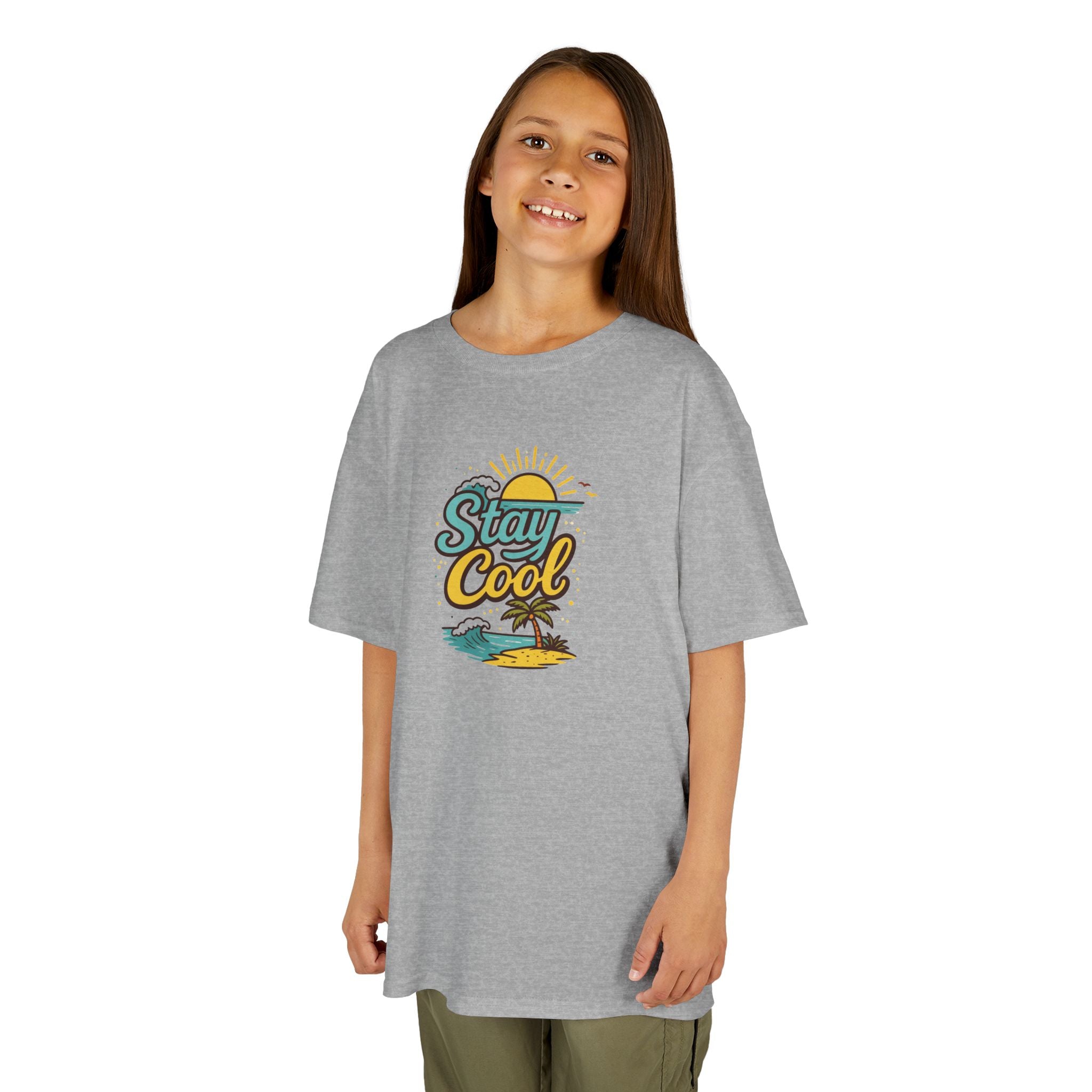 Kids "Stay Cool" Beach Graphic Tee — Tropical Sun & Palm Vacation Shirt