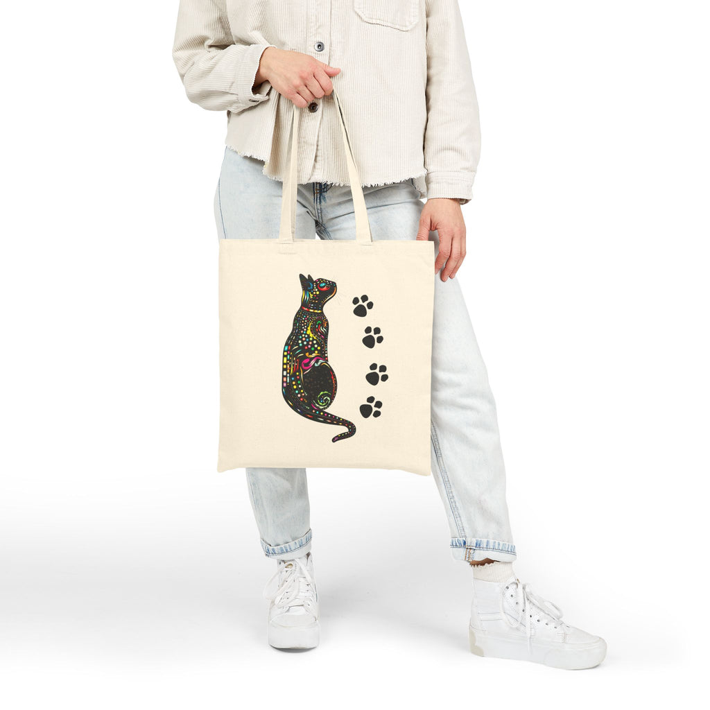 Cat Lover Tote Bag, Colorful Cat Art with Paw Prints, Cute Canvas Bag