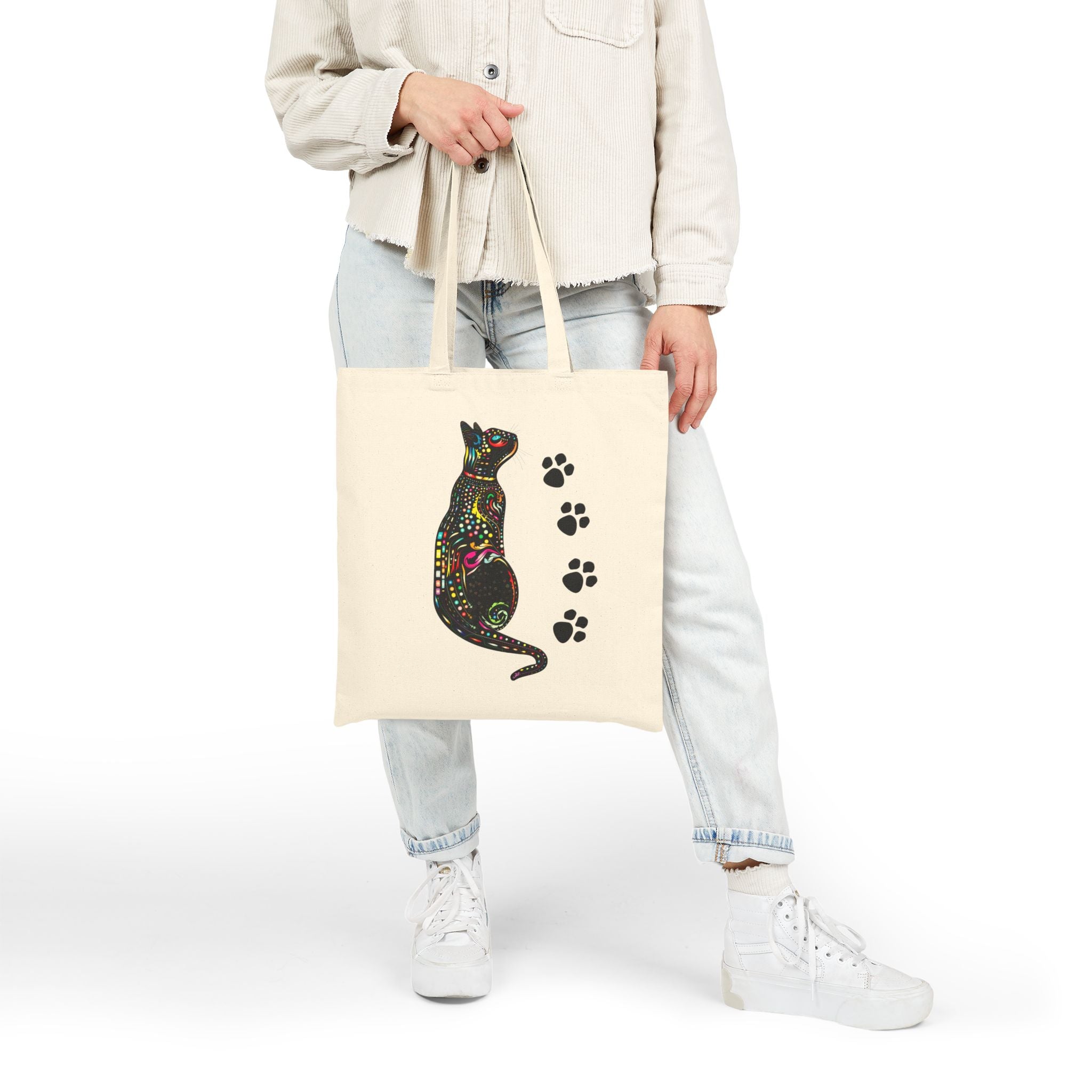 Cat Lover Tote Bag, Colorful Cat Art with Paw Prints, Cute Canvas Bag
