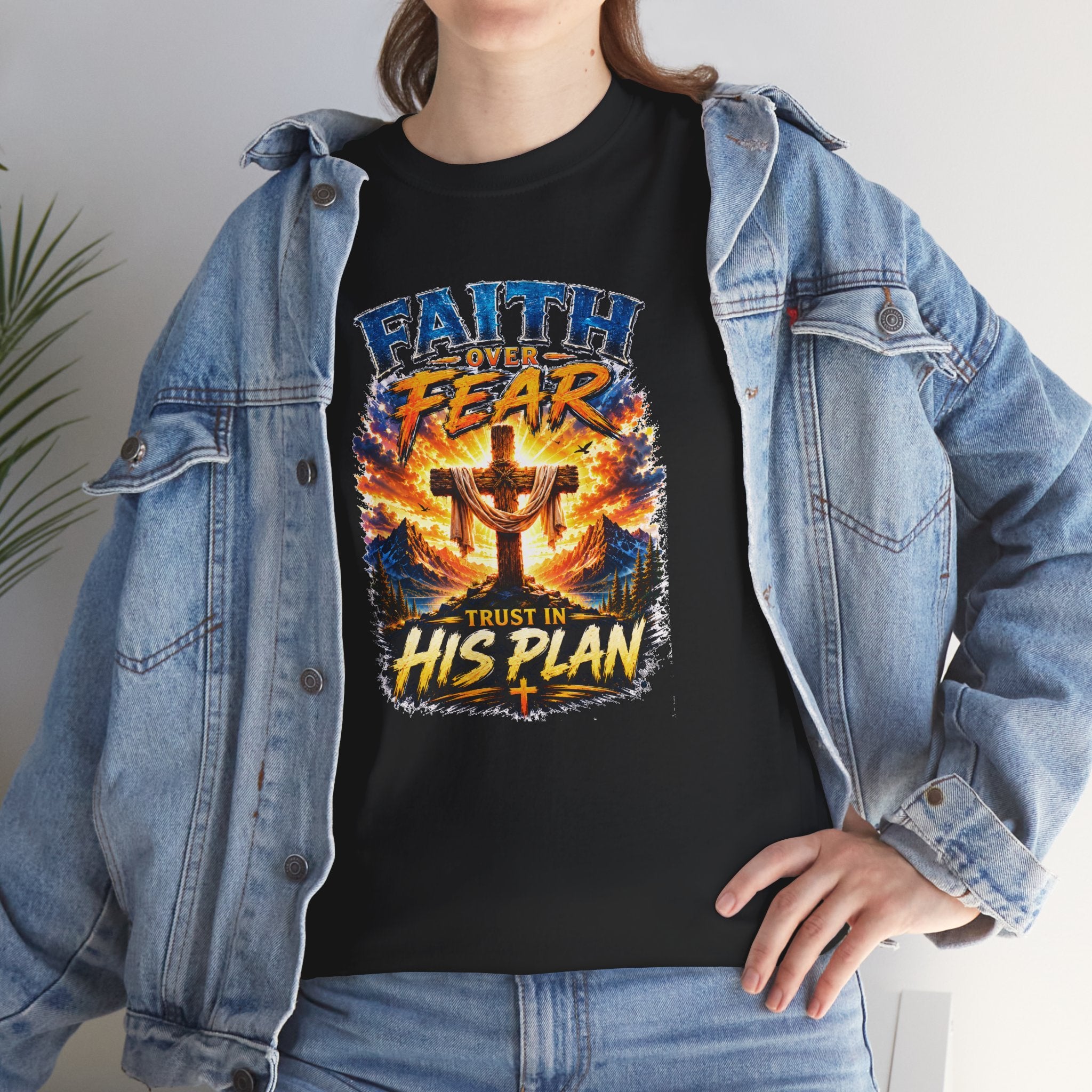 Faith Over Fear Christian T-Shirt | Trust in His Plan Cross Graphic Tee | Religious Unisex Shirt | Christian Gift