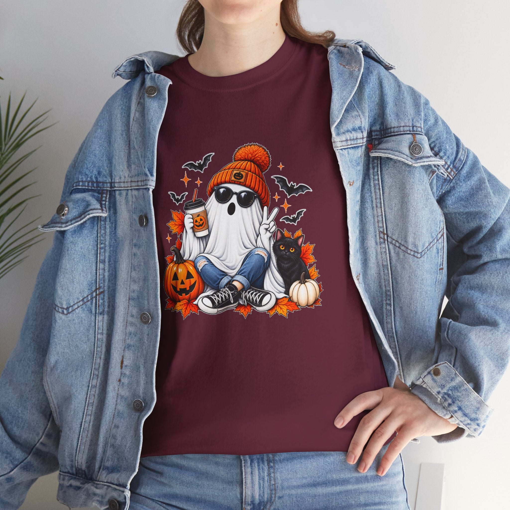 Halloween Ghost T-Shirt, Cute Spooky Pumpkin Cat Tee, Cozy Fall Coffee Graphic Shirt, Halloween Gift for Her
