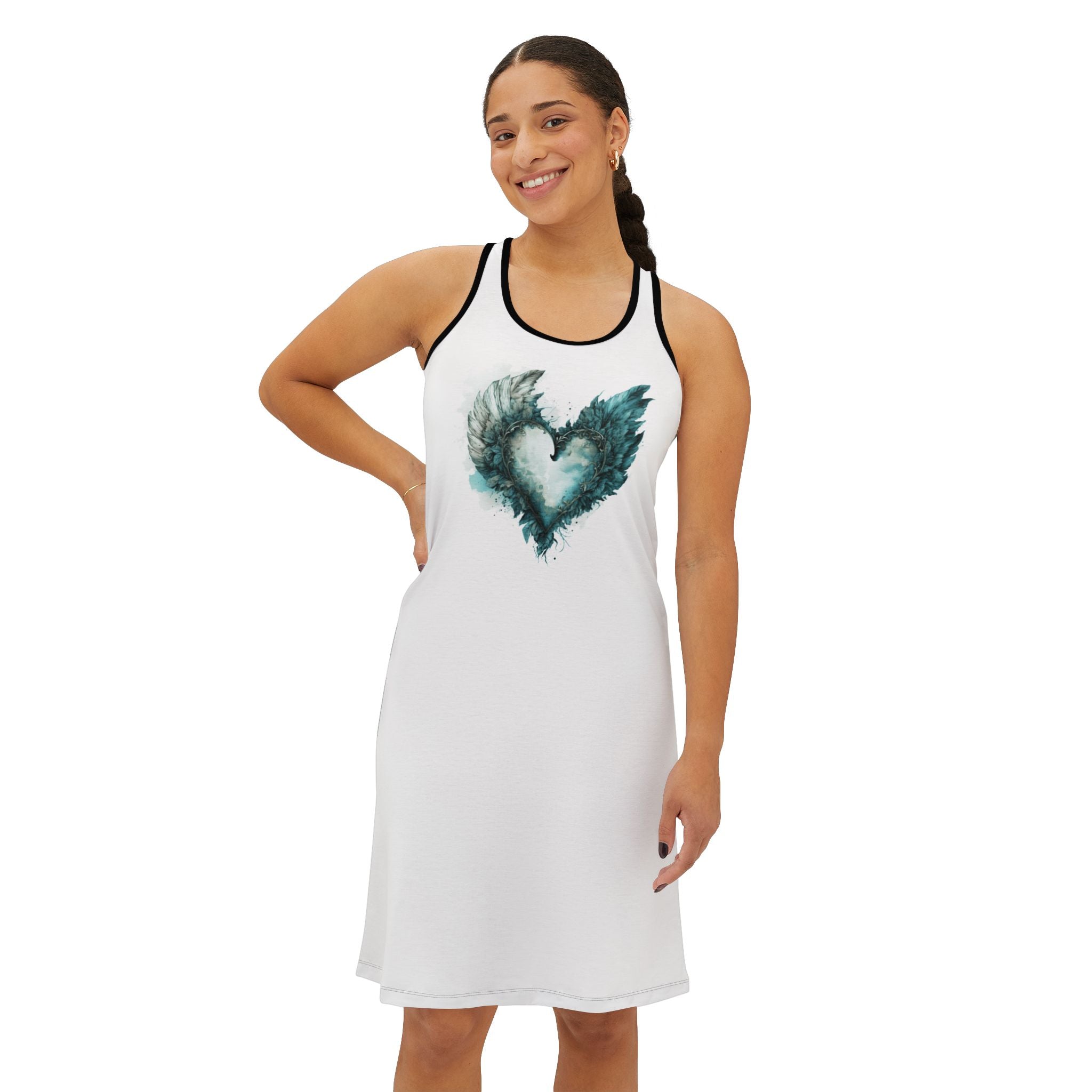 Boho Heart Racerback Dress, Feather Heart Summer Dress, Cute Beach Sundress for Women