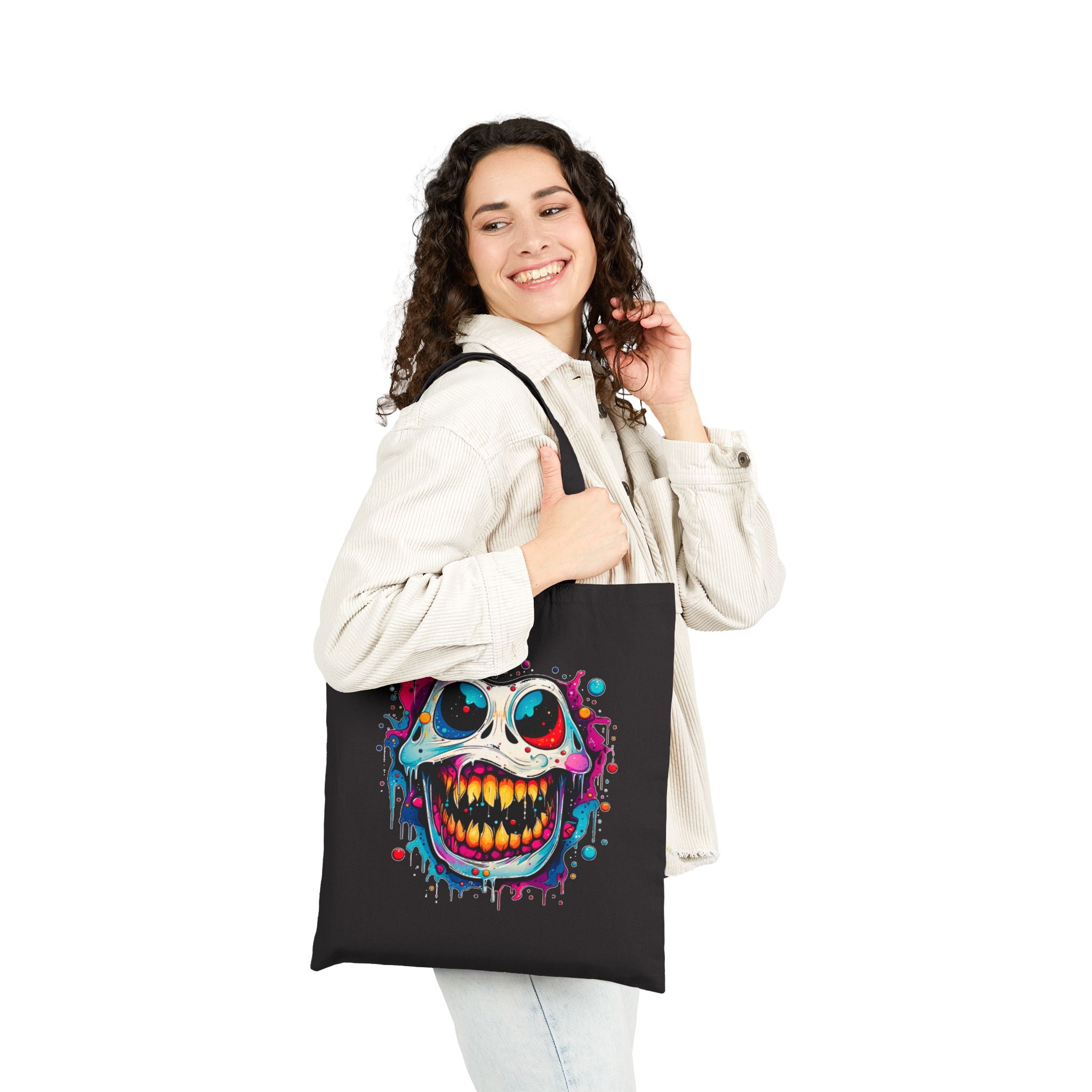 Tote Bag - Colorful Grinning Skull Canvas Tote ,Halloween, Gothic Streetwear