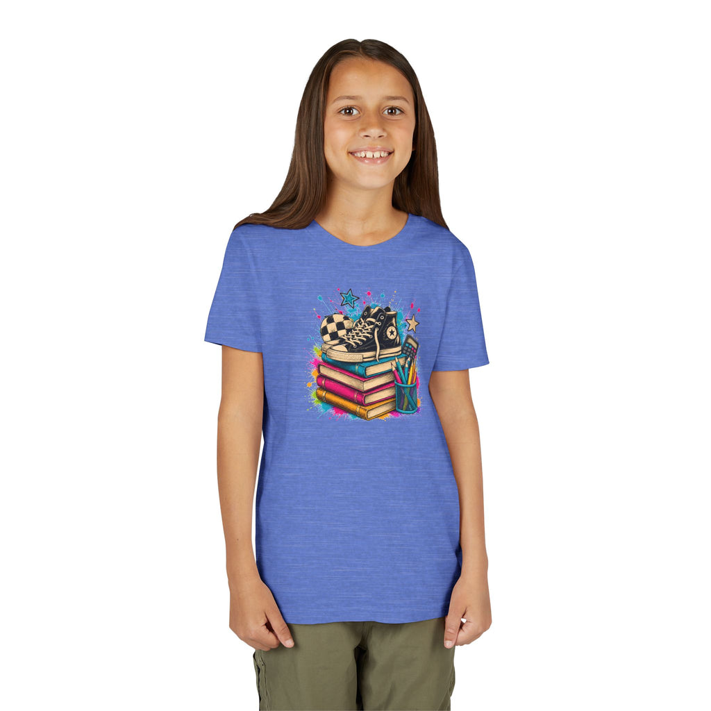Kids Back-to-School Tee — Colorful Books, Sneakers & Pencils Graphic