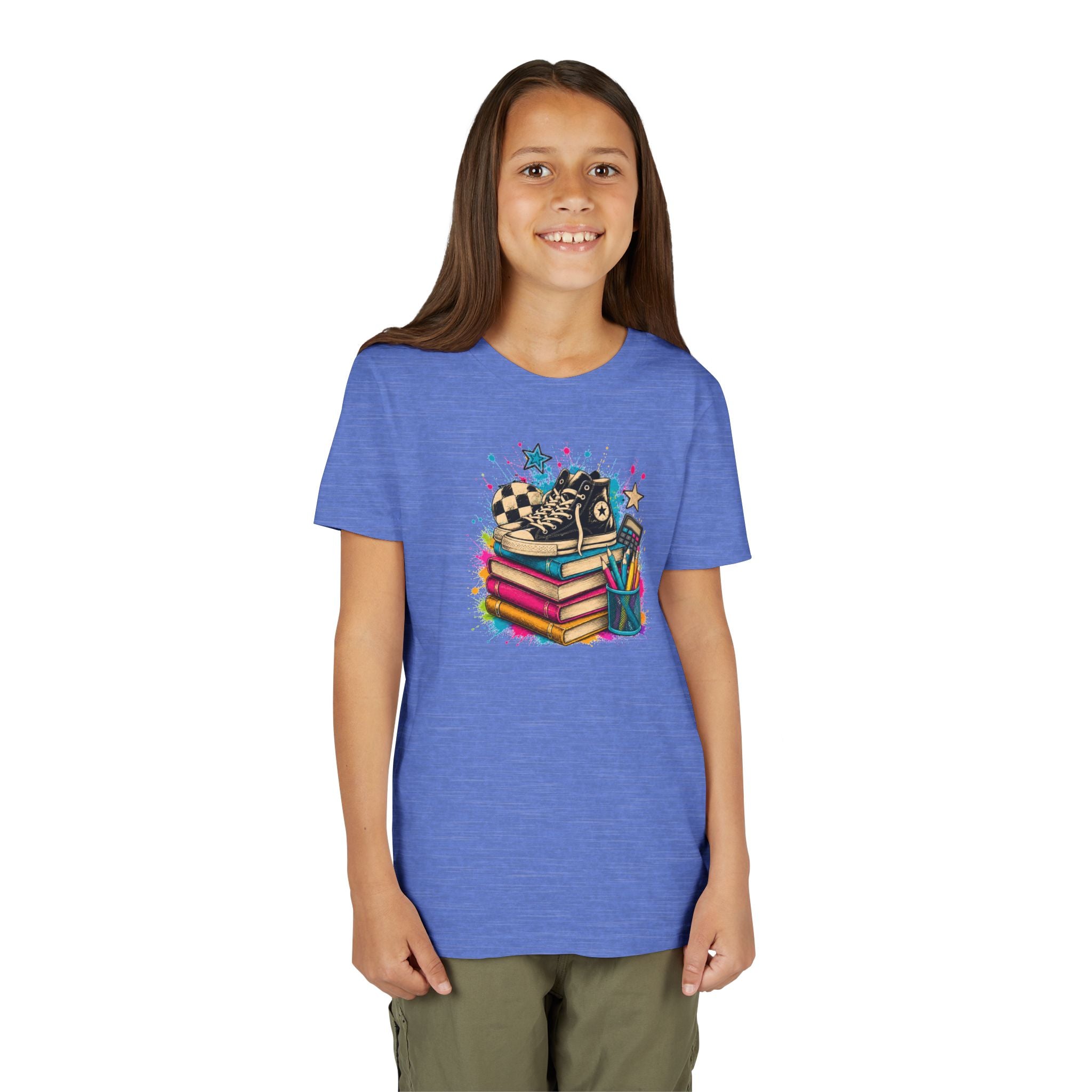 Kids Back-to-School Tee — Colorful Books, Sneakers & Pencils Graphic