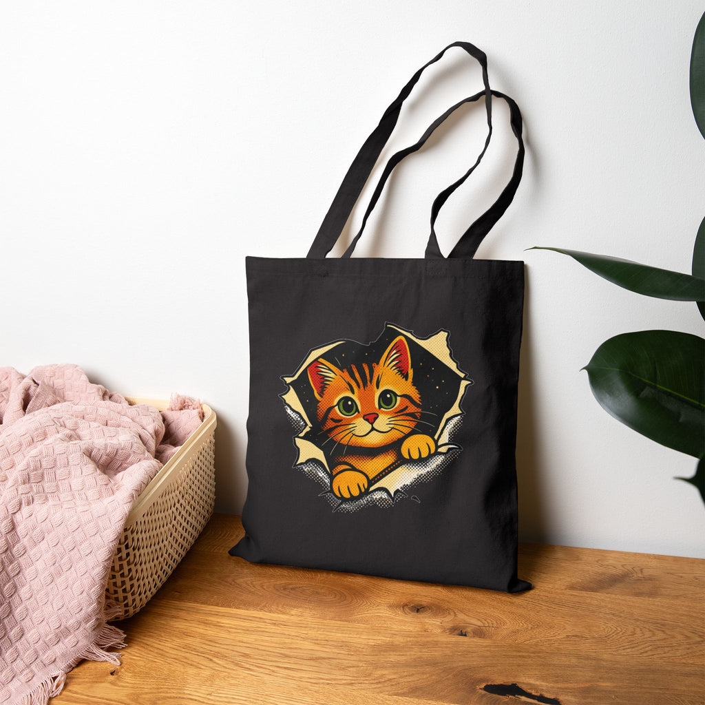 Cat Peeking Tote Bag — Cute Kitten Canvas Grocery & Book Bag