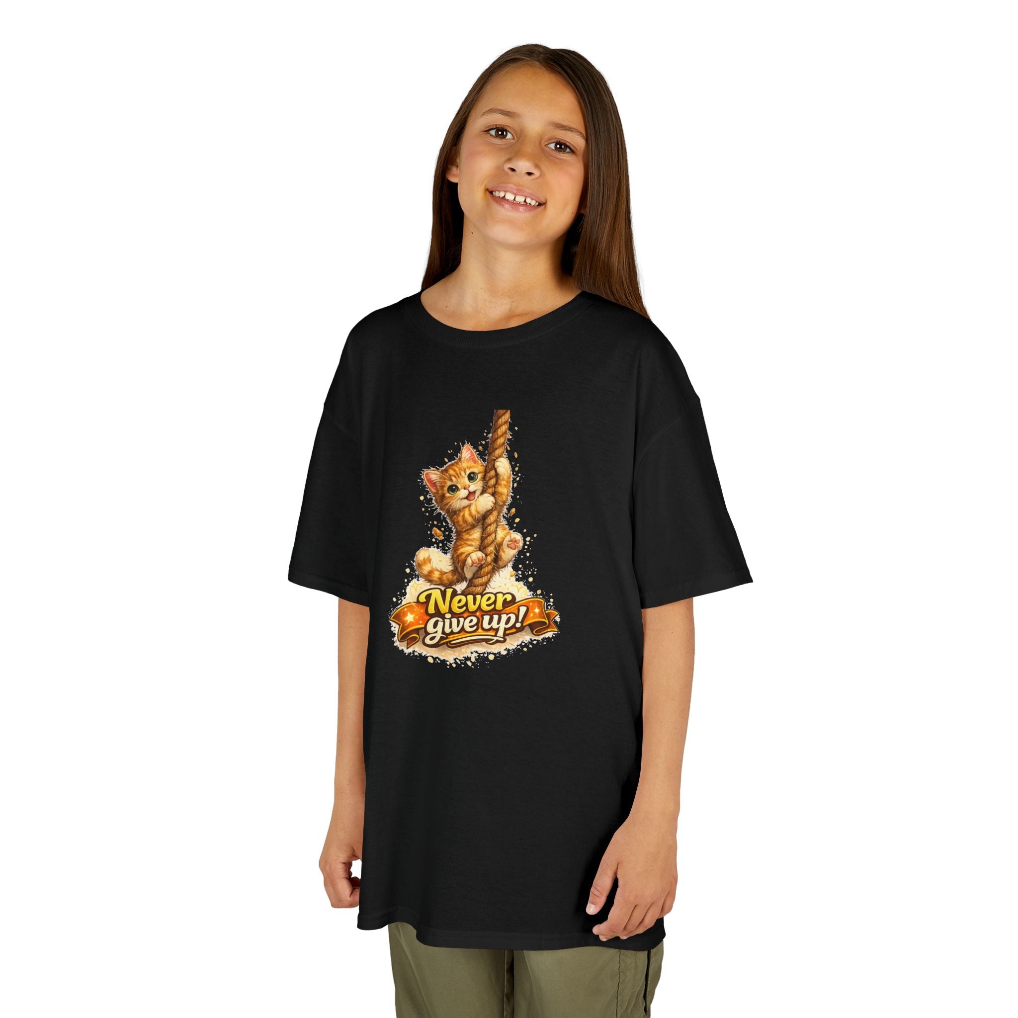 Kids Tee — Cute Climbing Kitten “Never Give Up” Inspirational Shirt