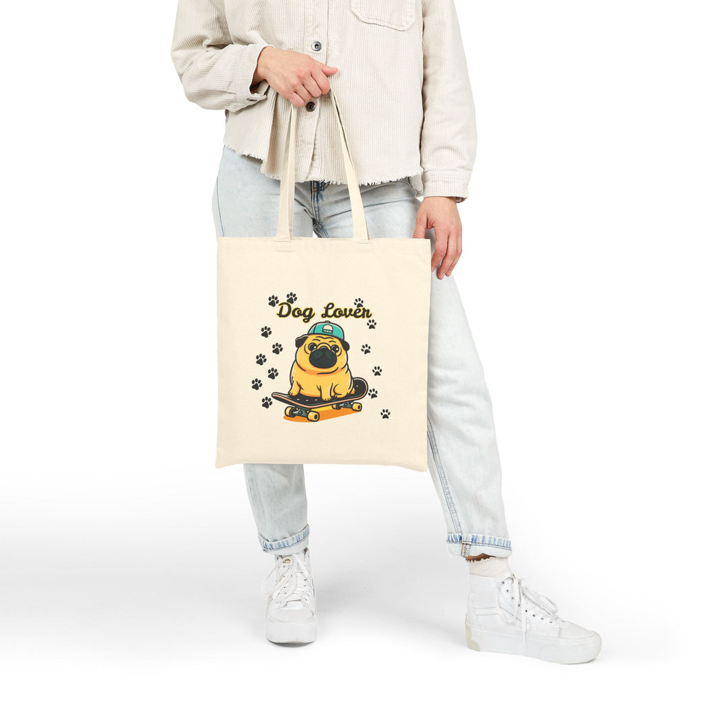 Dog Lover Tote Bag — Cute Pug on Skateboard Canvas Tote