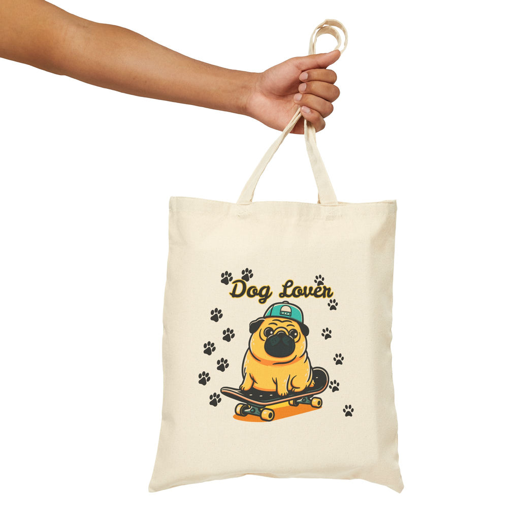 Dog Lover Tote Bag — Cute Pug on Skateboard Canvas Tote