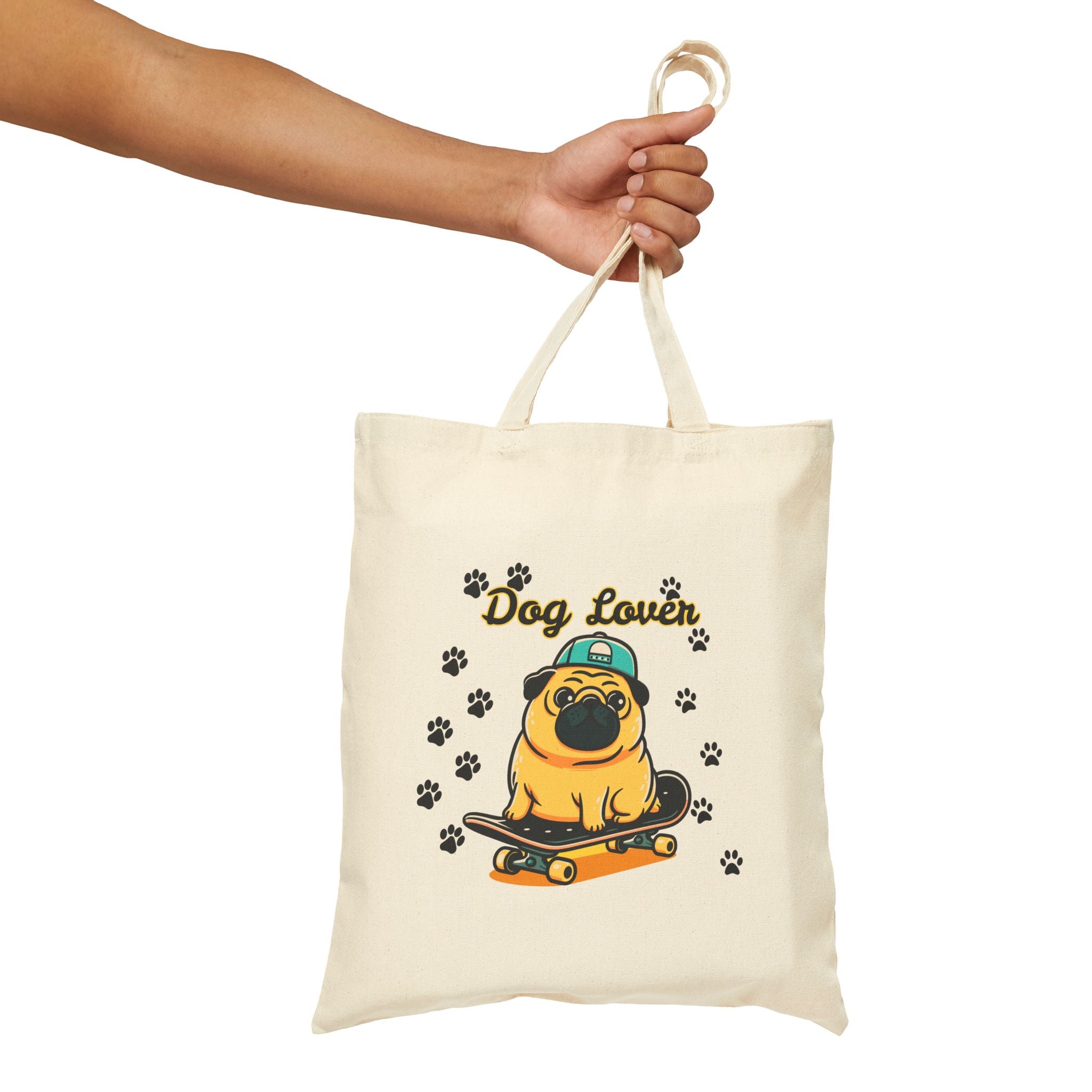 Dog Lover Tote Bag — Cute Pug on Skateboard Canvas Tote