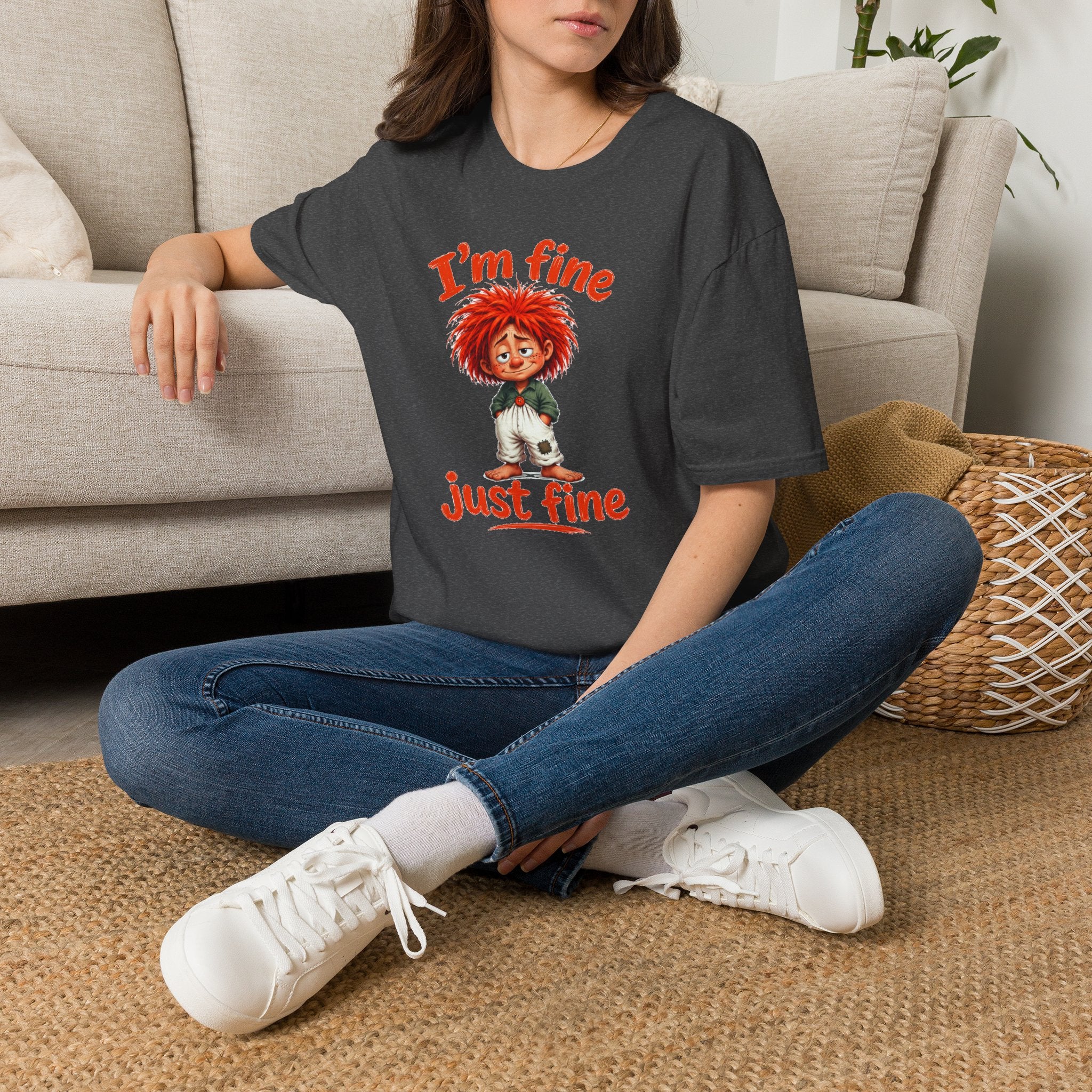 I'm Fine T‑Shirt — Cute Red‑Haired Character Tee ("I'm fine, just fine")