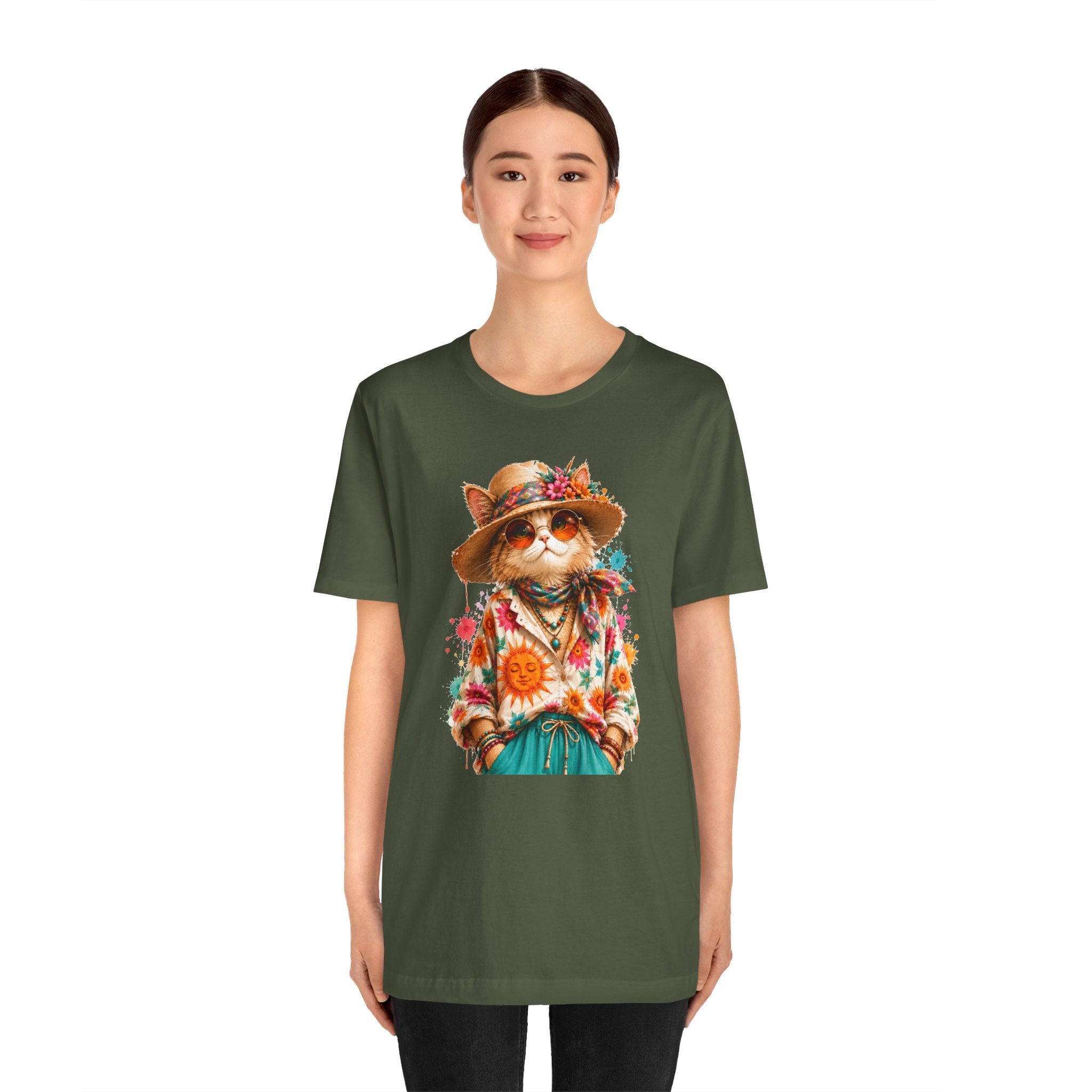 Boho Cat Graphic Tee — Floral Hat & Sunshine Cat T-Shirt