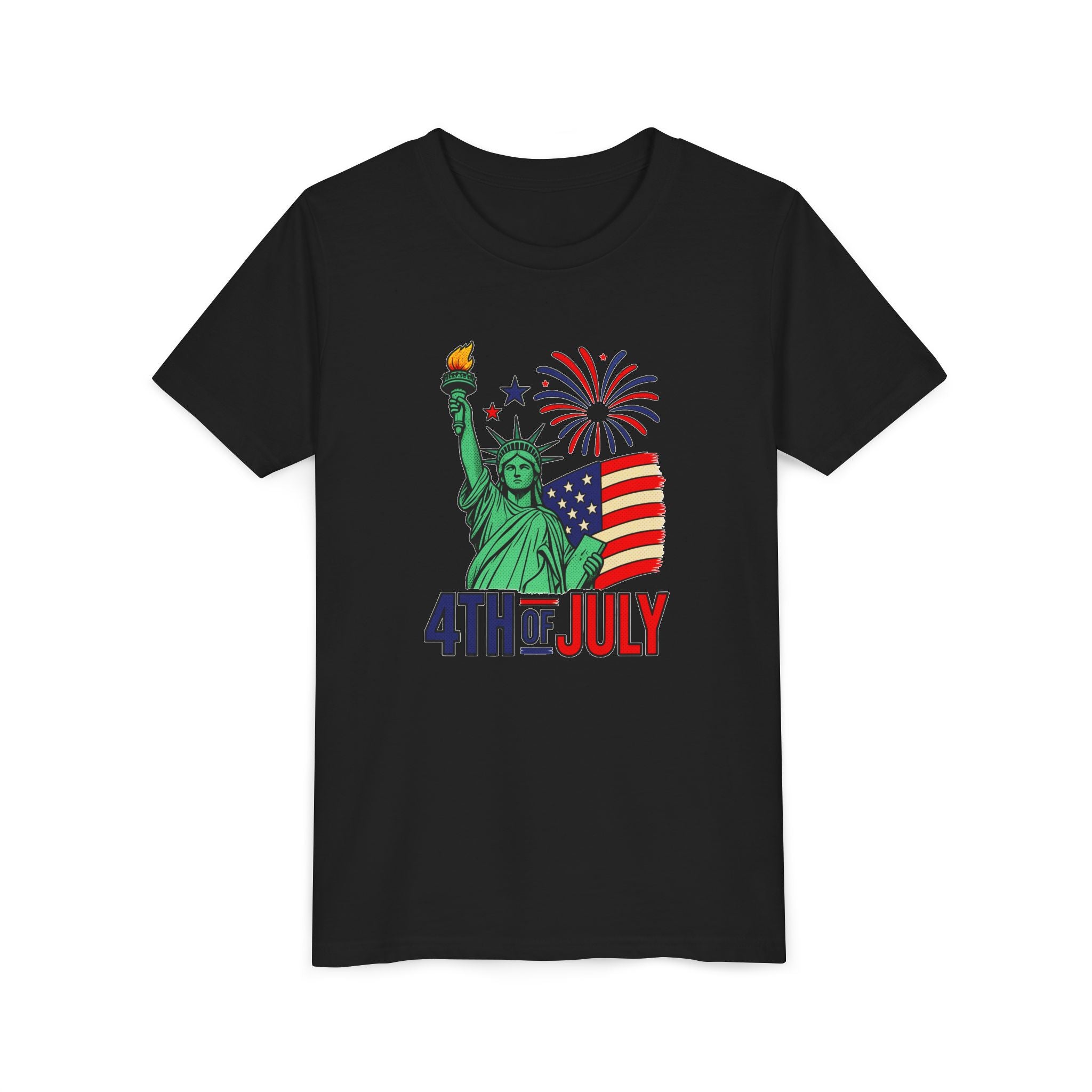 Kids 4th of July T-Shirt – Statue of Liberty, Flag & Fireworks Youth Tee