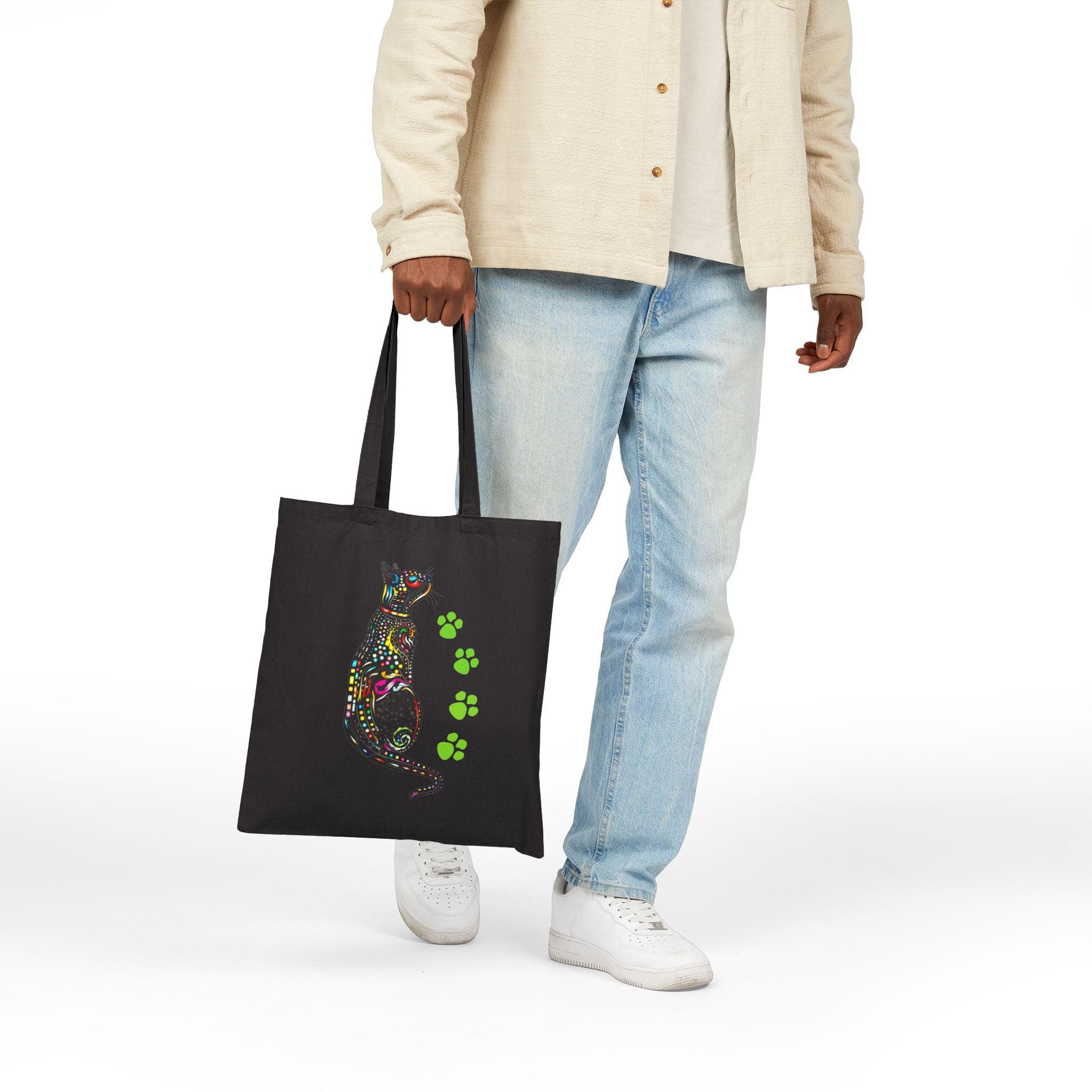 Aesthetic Cat Tote Bag with Paw Prints, Colorful Cat Design, Cute Gift Idea