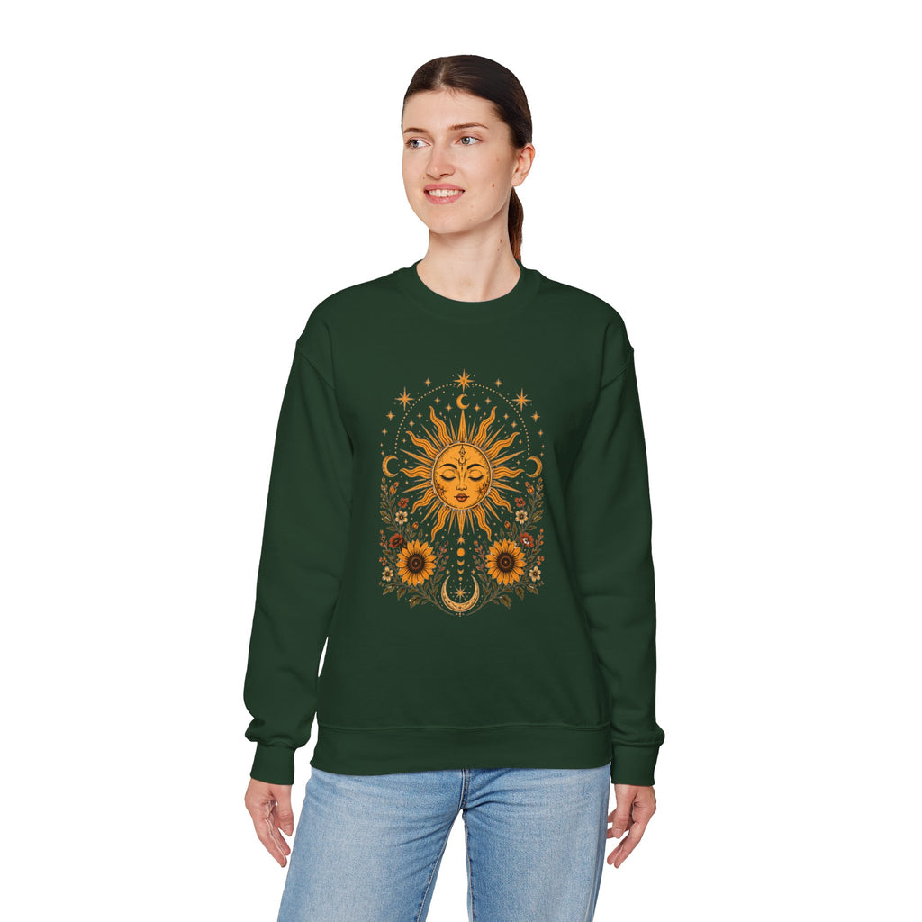 Sun & Sunflower Crewneck Sweatshirt, Boho Celestial Sweatshirt, Vintage Sun Graphic, Cozy Unisex Pullover, Gift for Her