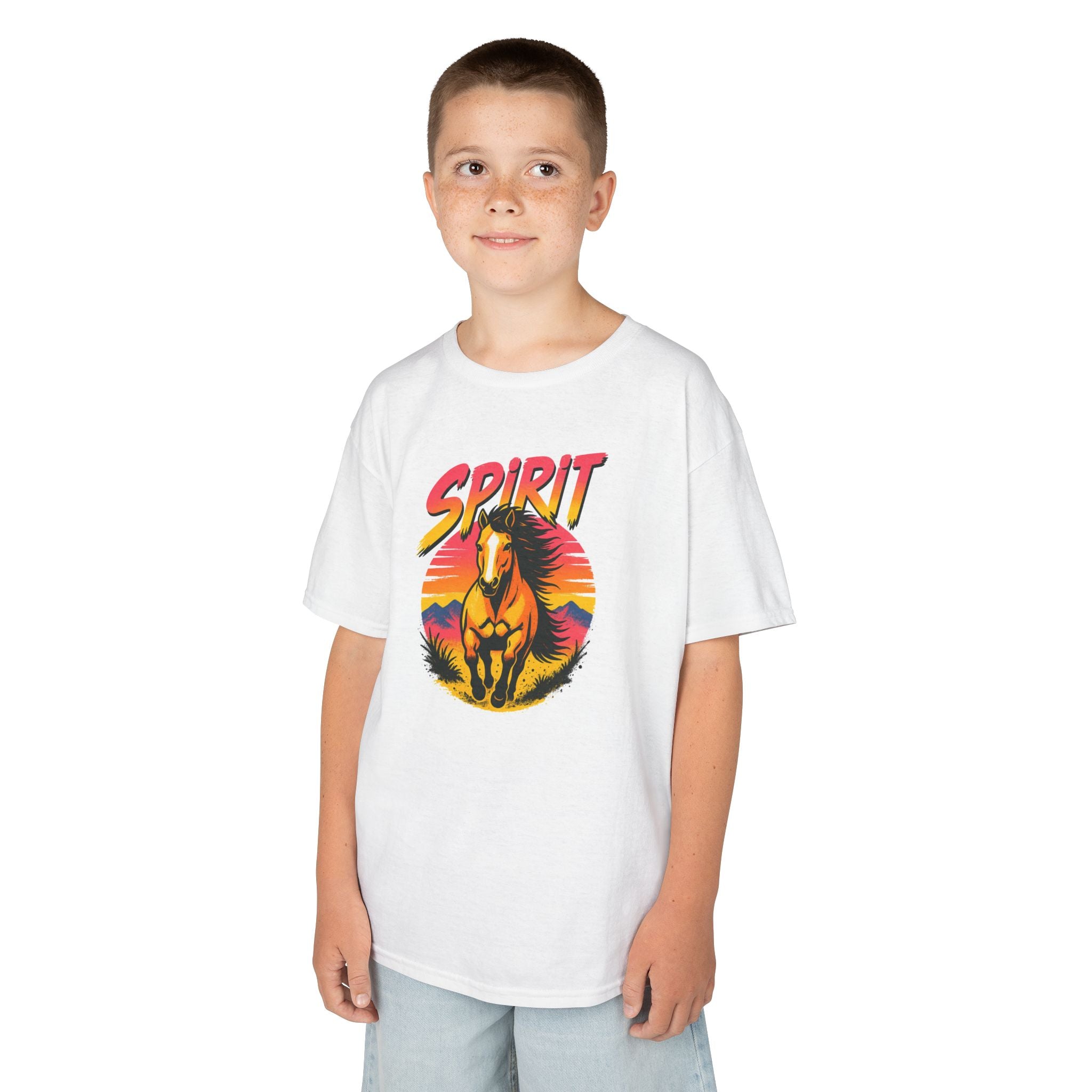 Spirit Horse Kids T‑Shirt — Retro Sunset Wild Horse Graphic Tee