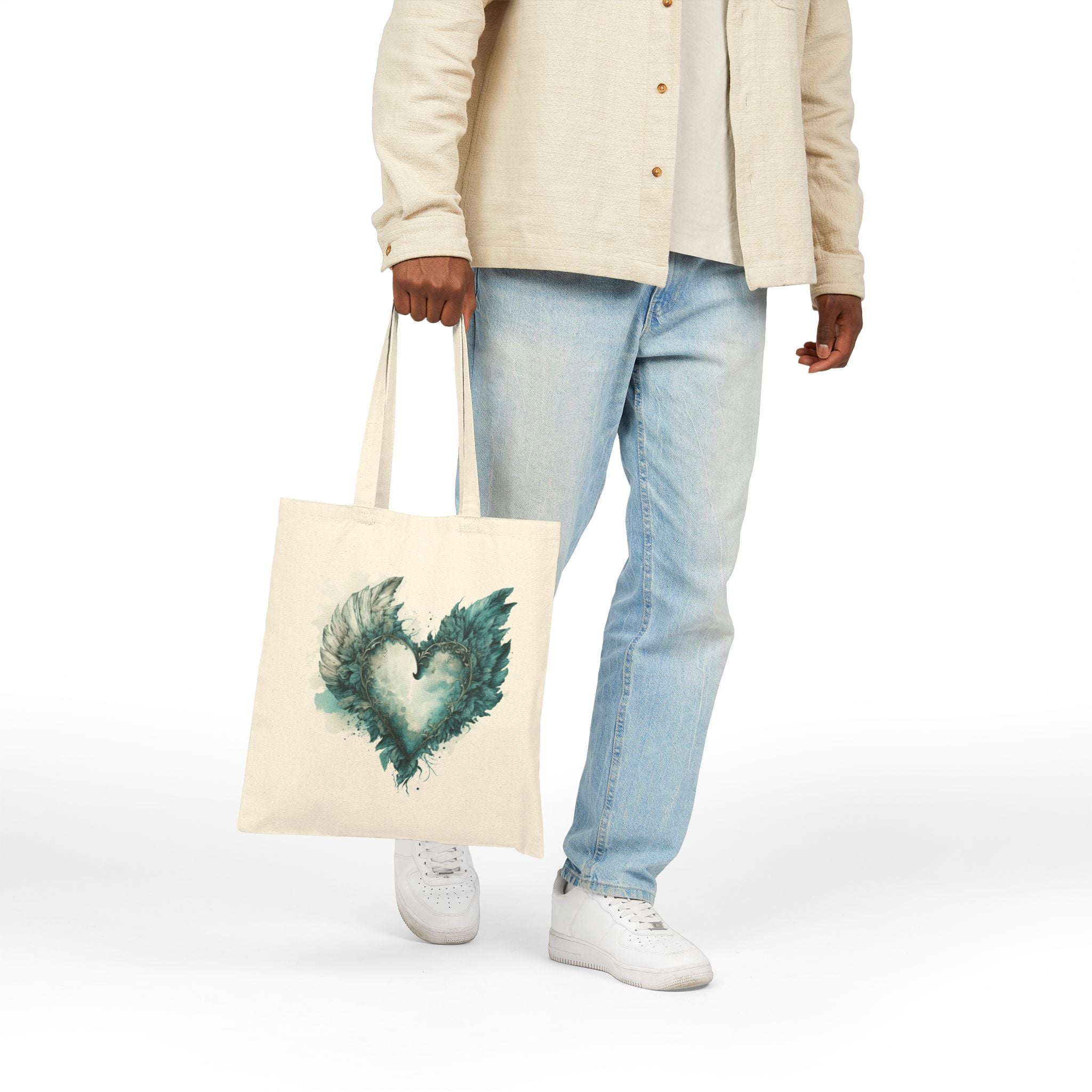 Cute Canvas Tote Bag with Teal Watercolor Angel Wings Heart Design