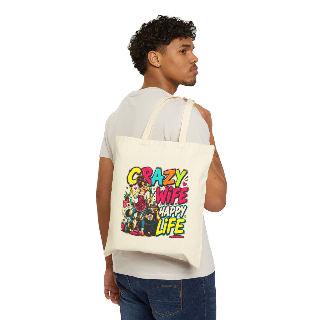 Crazy Wife Happy Life Tote Bag, Funny Wife Gift, Funny Marriage Canvas Bag, Wife Humor Gift, Anniversary Gift, Reusable Shopping Tote