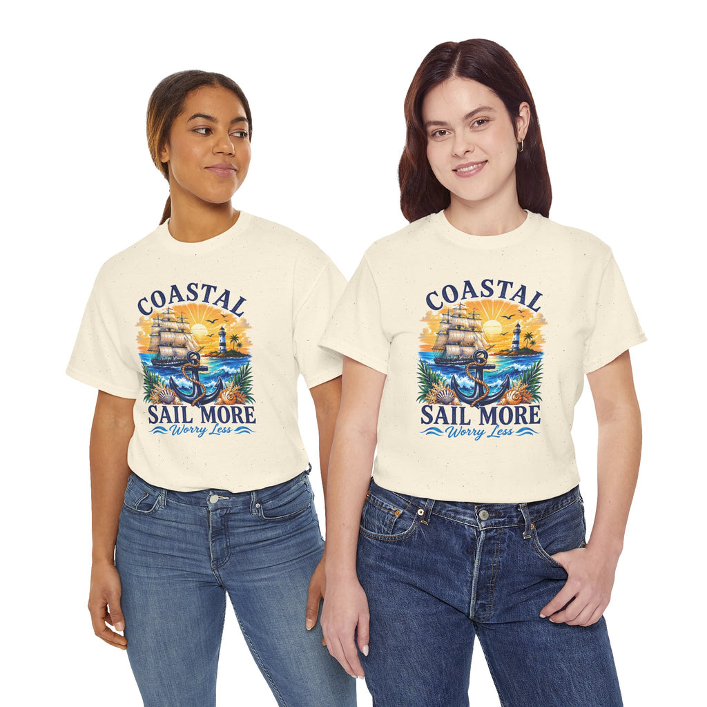 Coastal Sail More Worry Less T-Shirt | Nautical Beach Graphic Tee | Sailing Lover Shirt | Ocean Sunset Gift