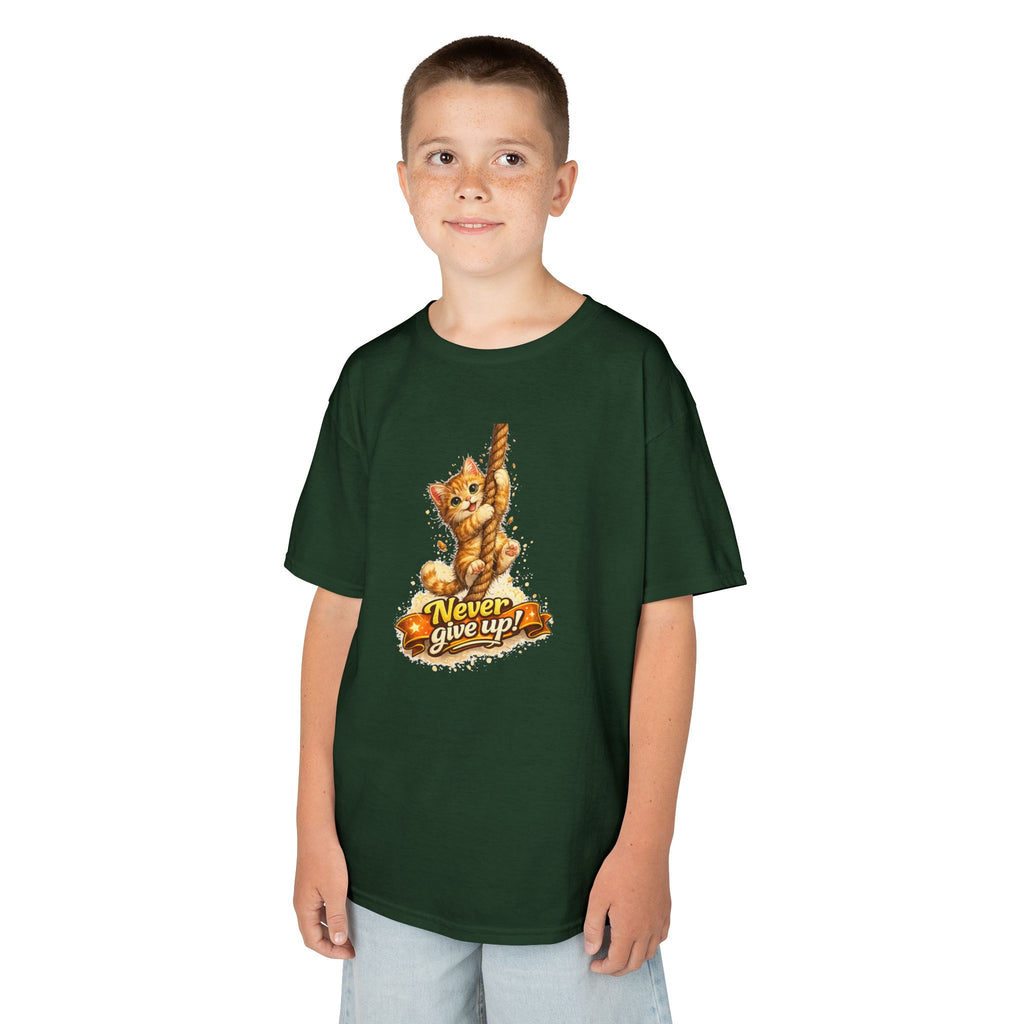 Kids Tee — Cute Climbing Kitten “Never Give Up” Inspirational Shirt