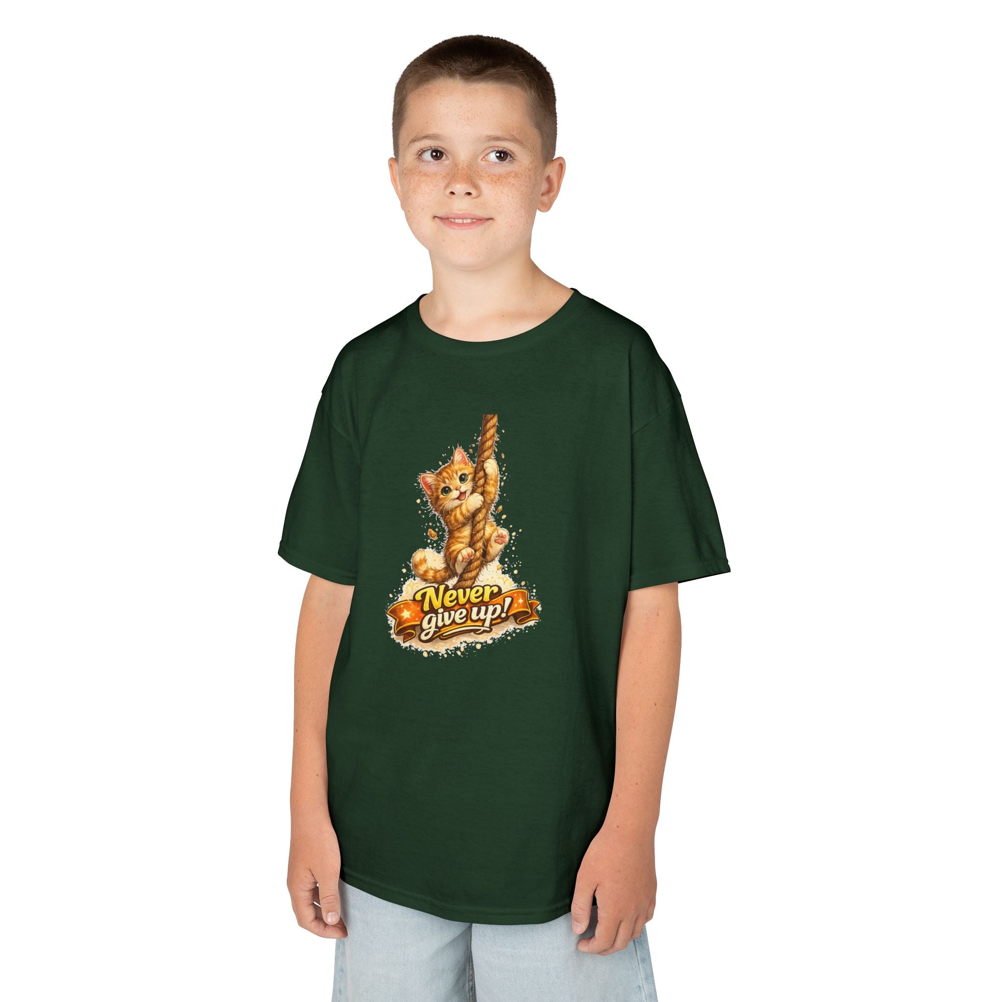 Kids Tee — Cute Climbing Kitten “Never Give Up” Inspirational Shirt