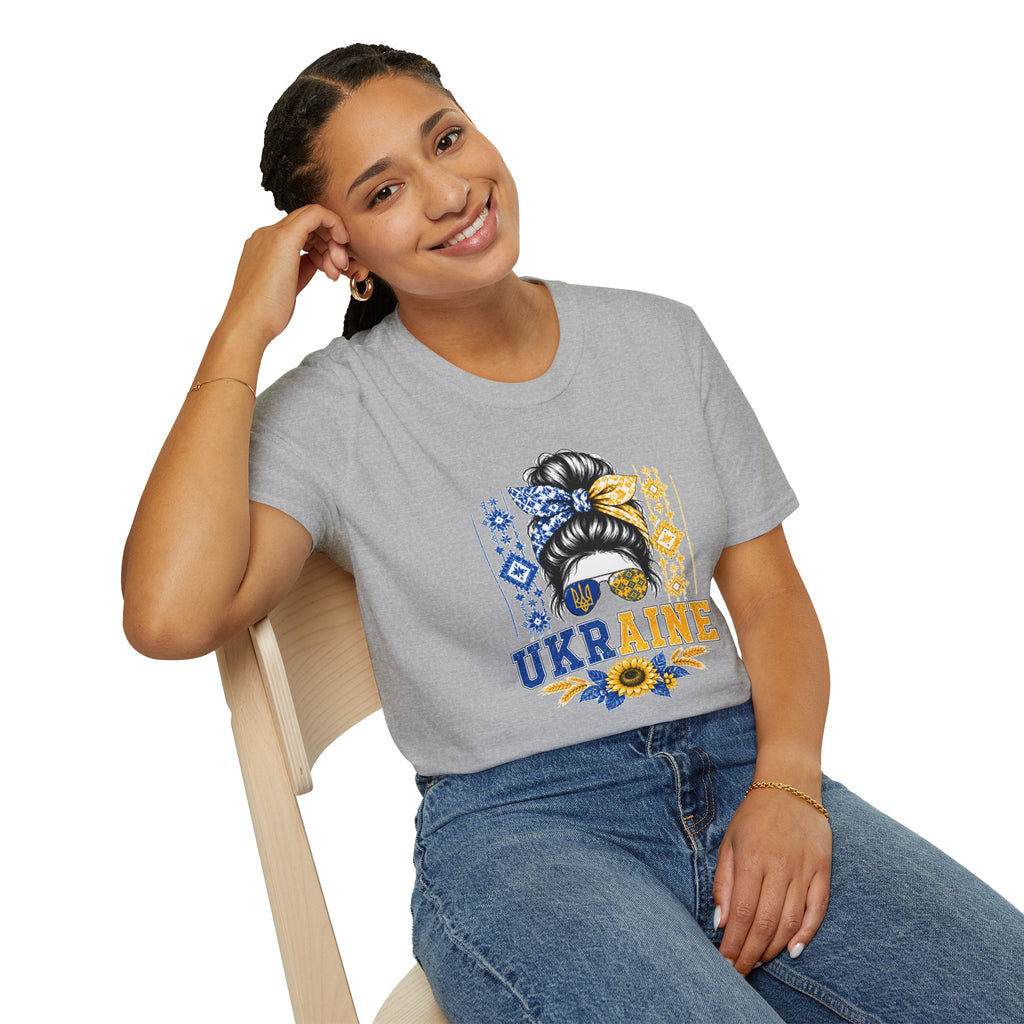 Ukraine Sunflower Hair Bun T-Shirt — Messy Bun with Blue & Yellow Bandana