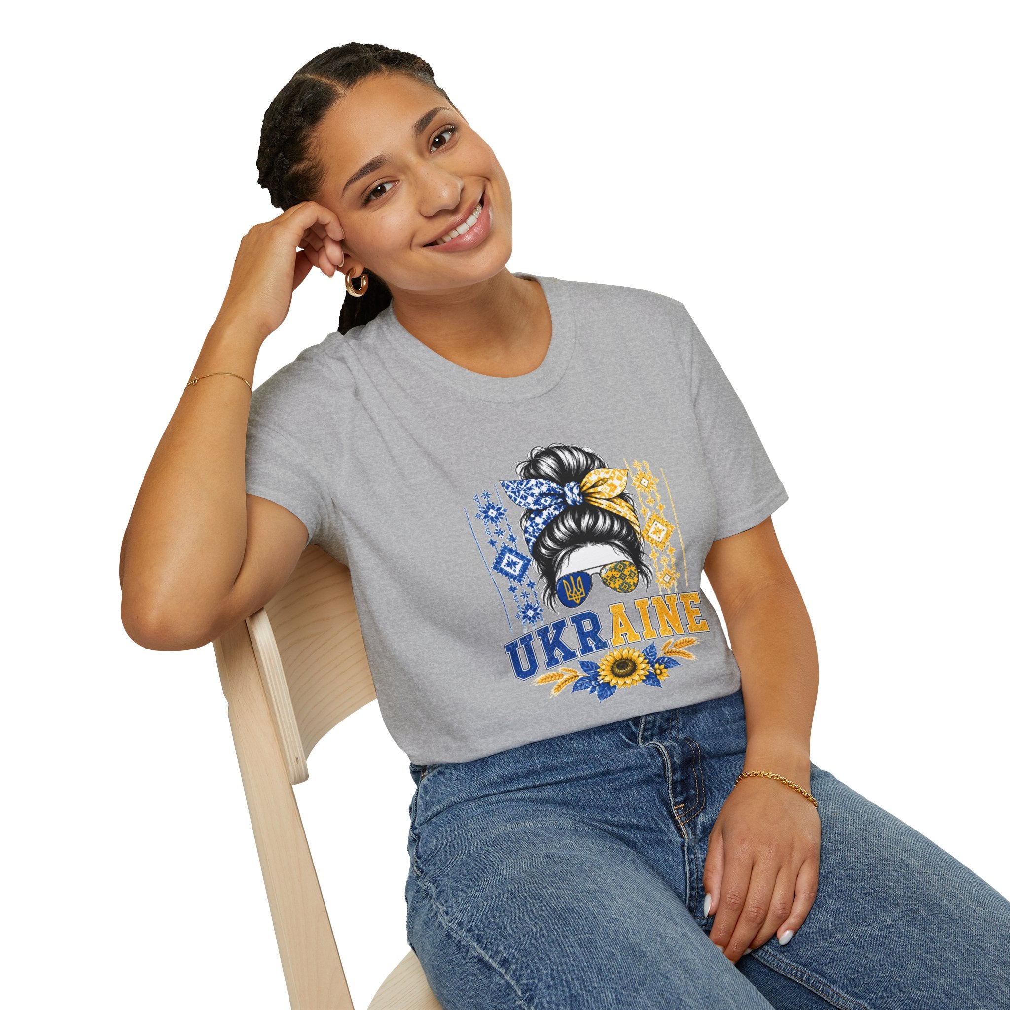 Ukraine Sunflower Hair Bun T-Shirt — Messy Bun with Blue & Yellow Bandana