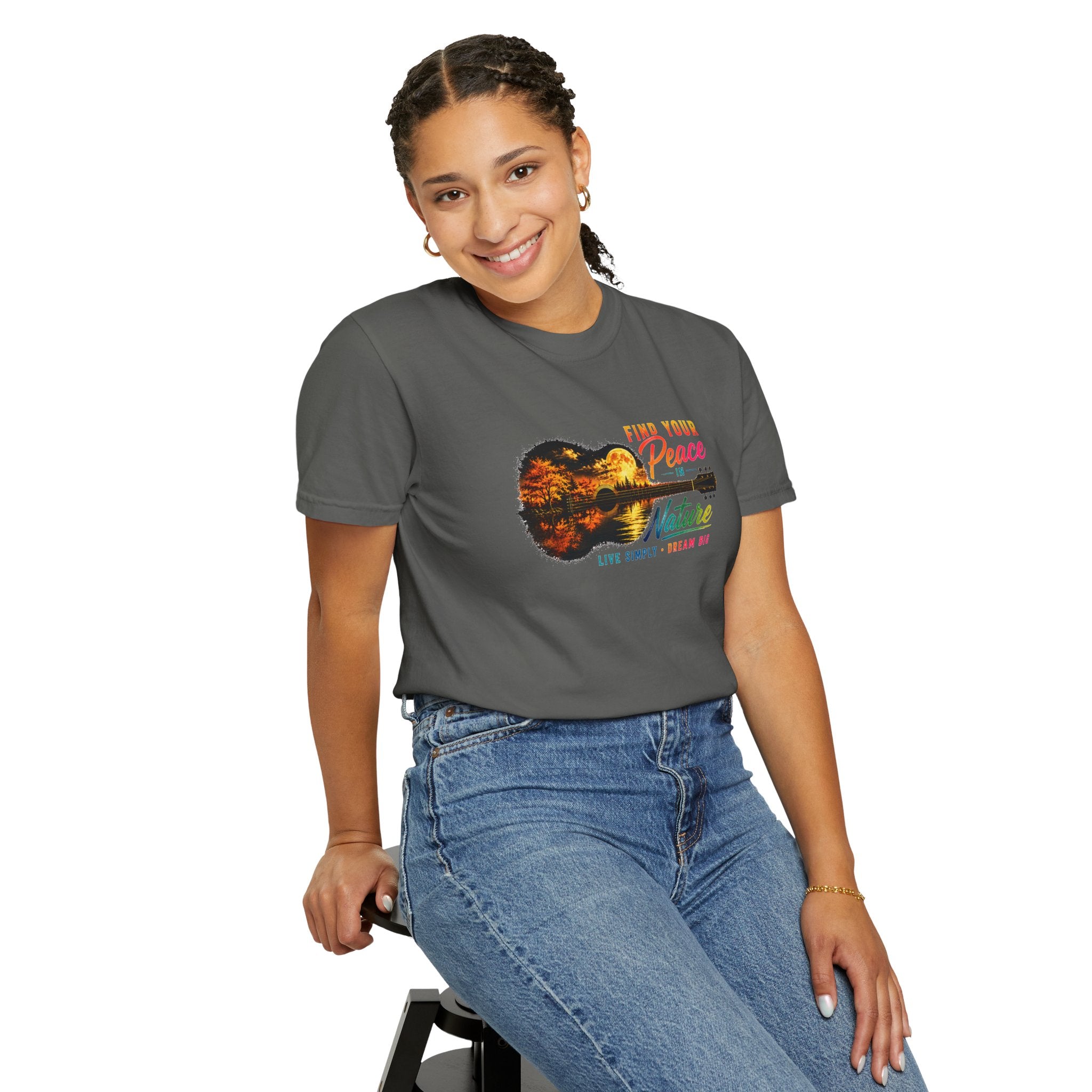 Acoustic Guitar Nature T-Shirt, Find Your Peace in Nature Tee, Music Lover Gift, Camping Shirt, Outdoor Graphic Tee, Hiking Shirt