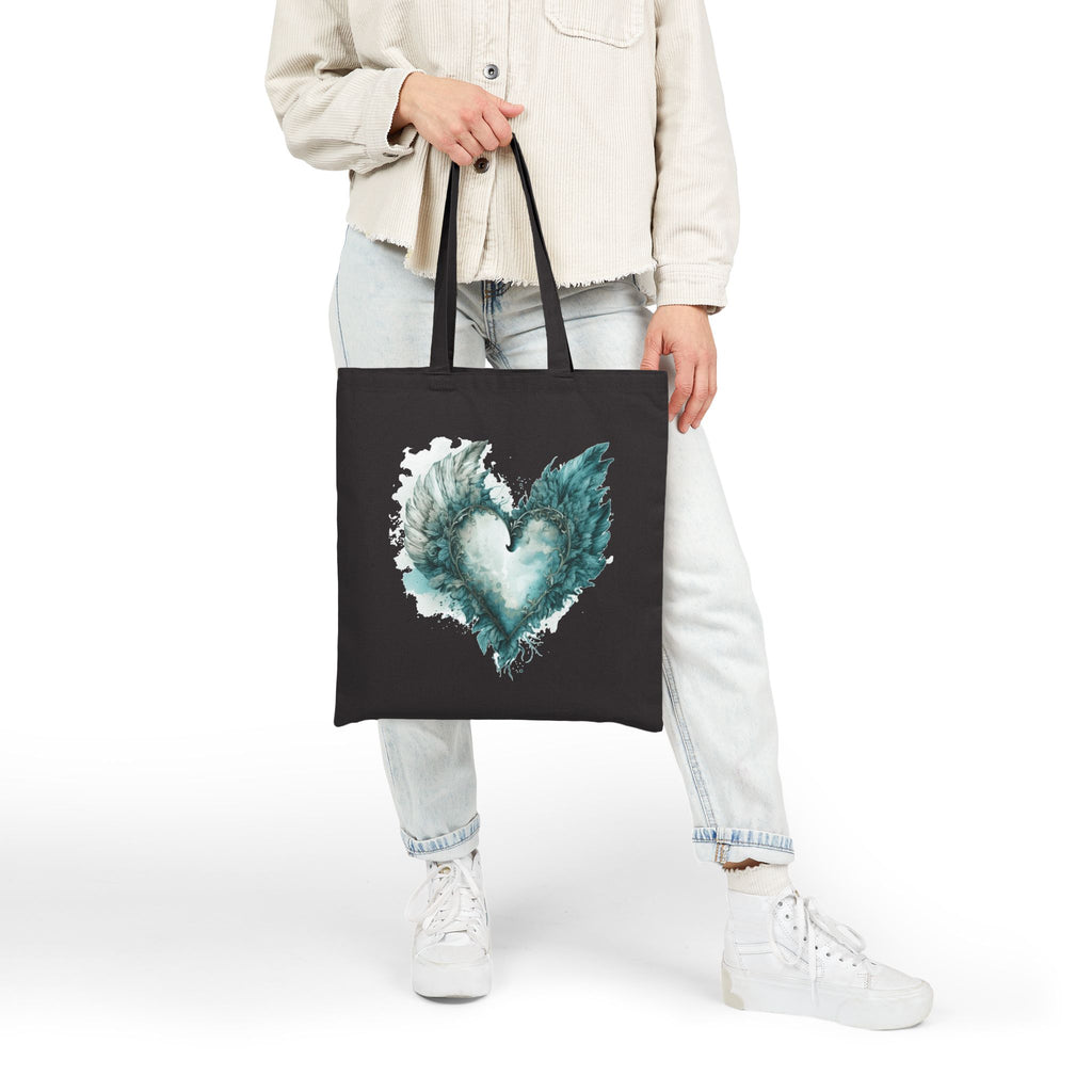 Cute Canvas Tote Bag with Teal Watercolor Angel Wings Heart Design