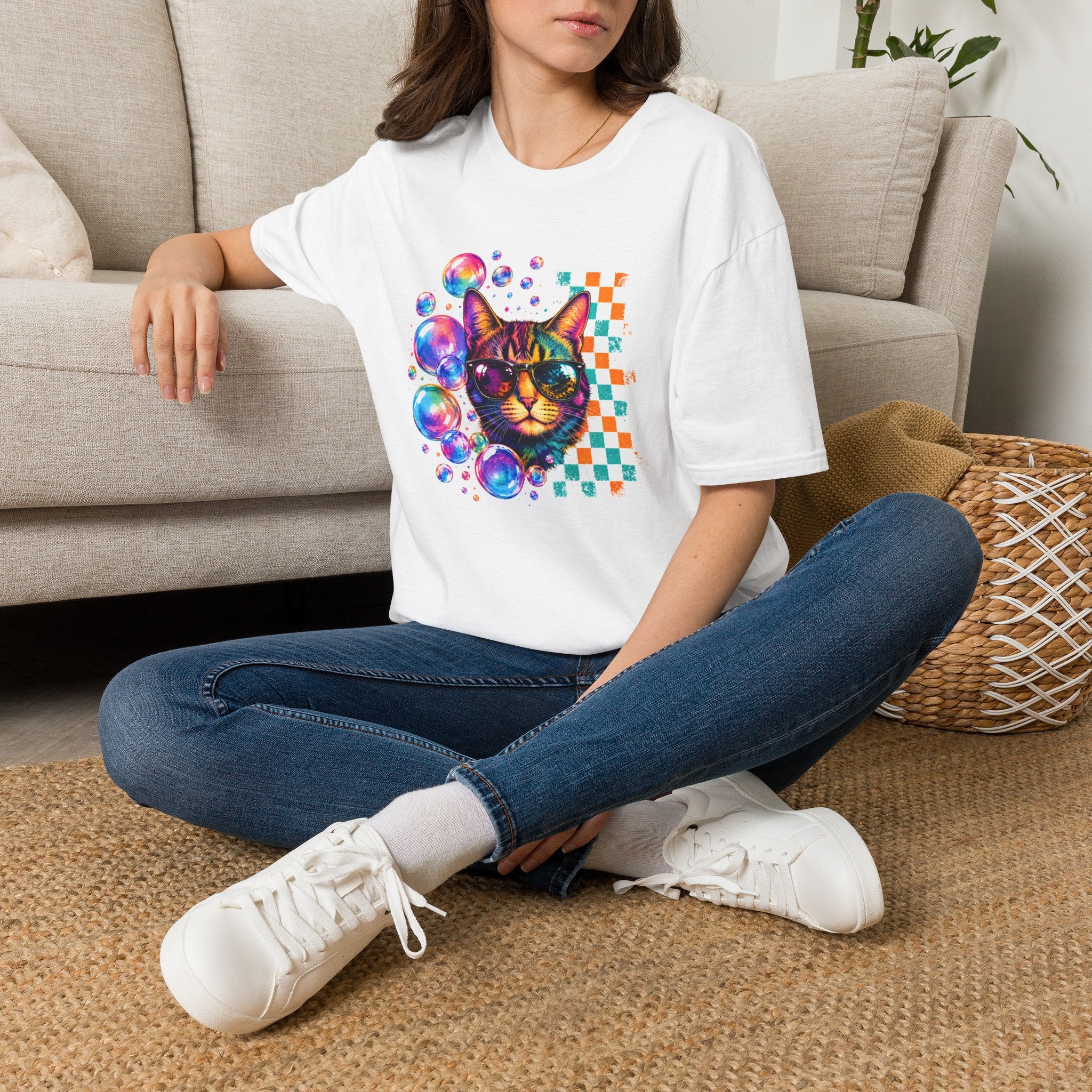 Colorful Cat Sunglasses T-Shirt, Retro Pop Art Cat Tee, Fun Graphic Shirt