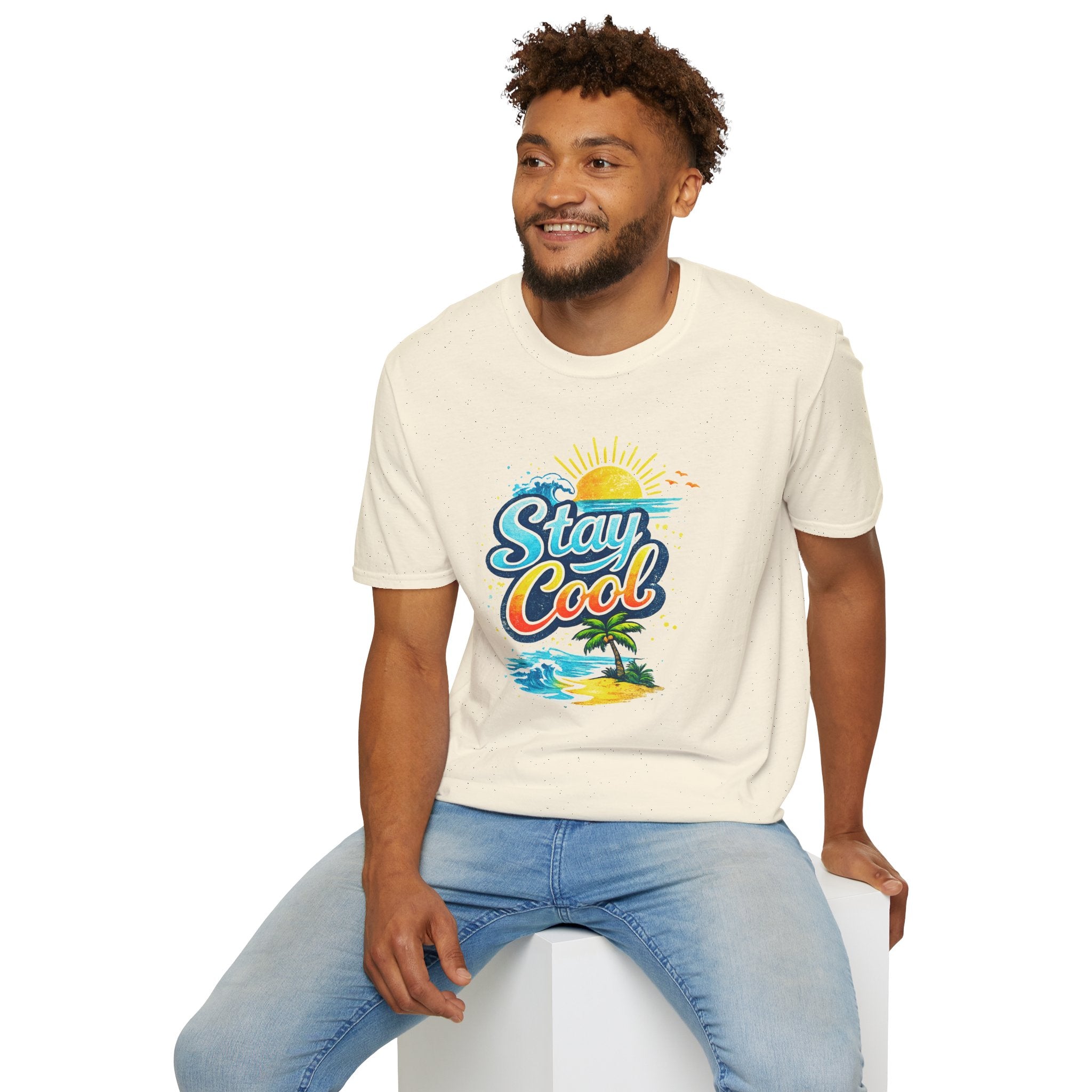 Stay Cool Beach T-Shirt — Vintage Sunset Palm Island Graphic