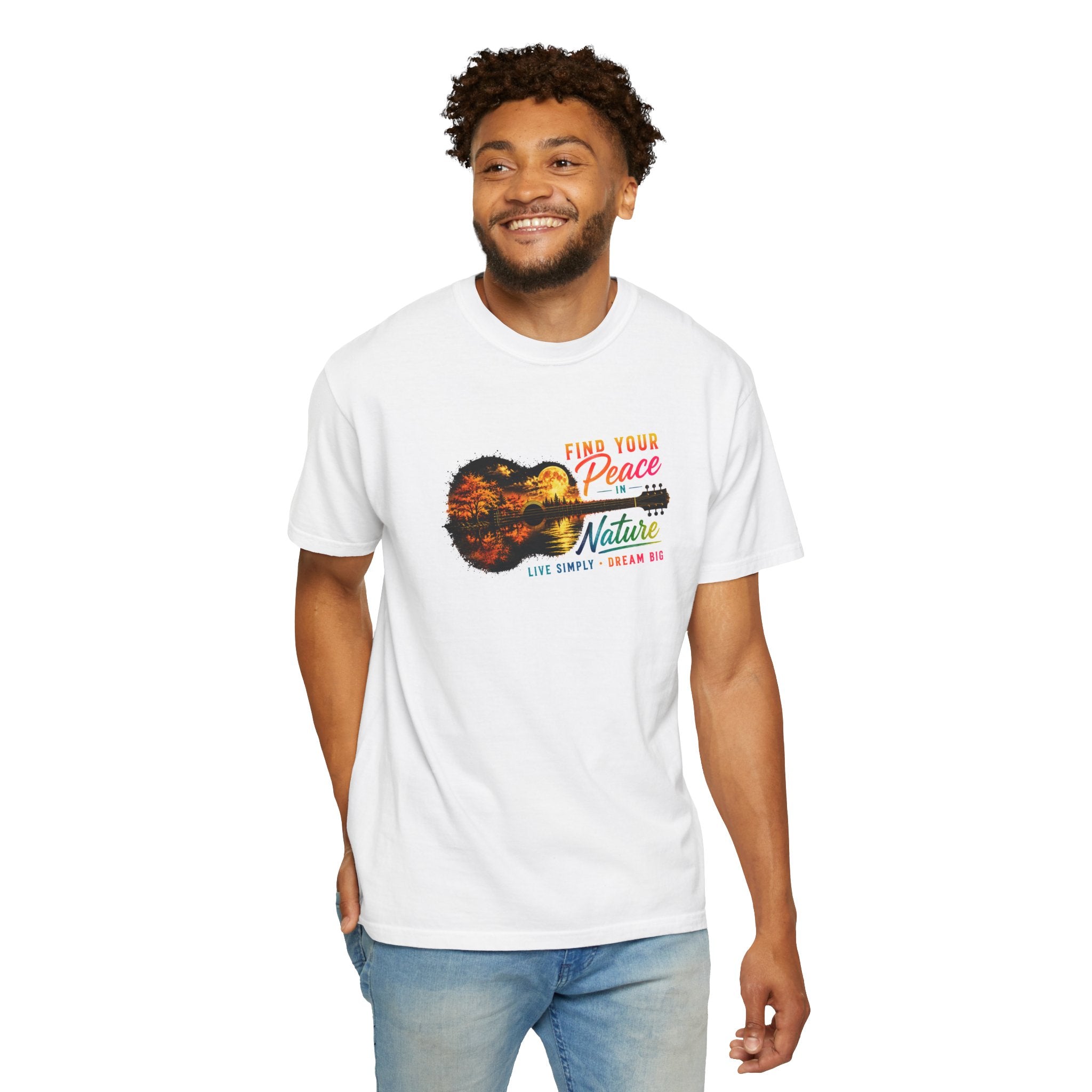 Acoustic Guitar Nature T-Shirt, Find Your Peace in Nature Tee, Music Lover Gift, Camping Shirt, Outdoor Graphic Tee, Hiking Shirt