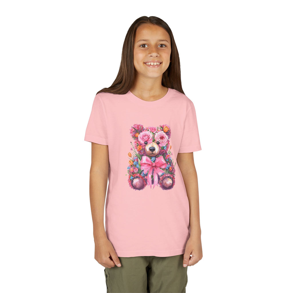 Floral Teddy Bear Kids T-Shirt, Cute Pink Bear Tee, Flower Bear Youth Shirt, Gift for Girls