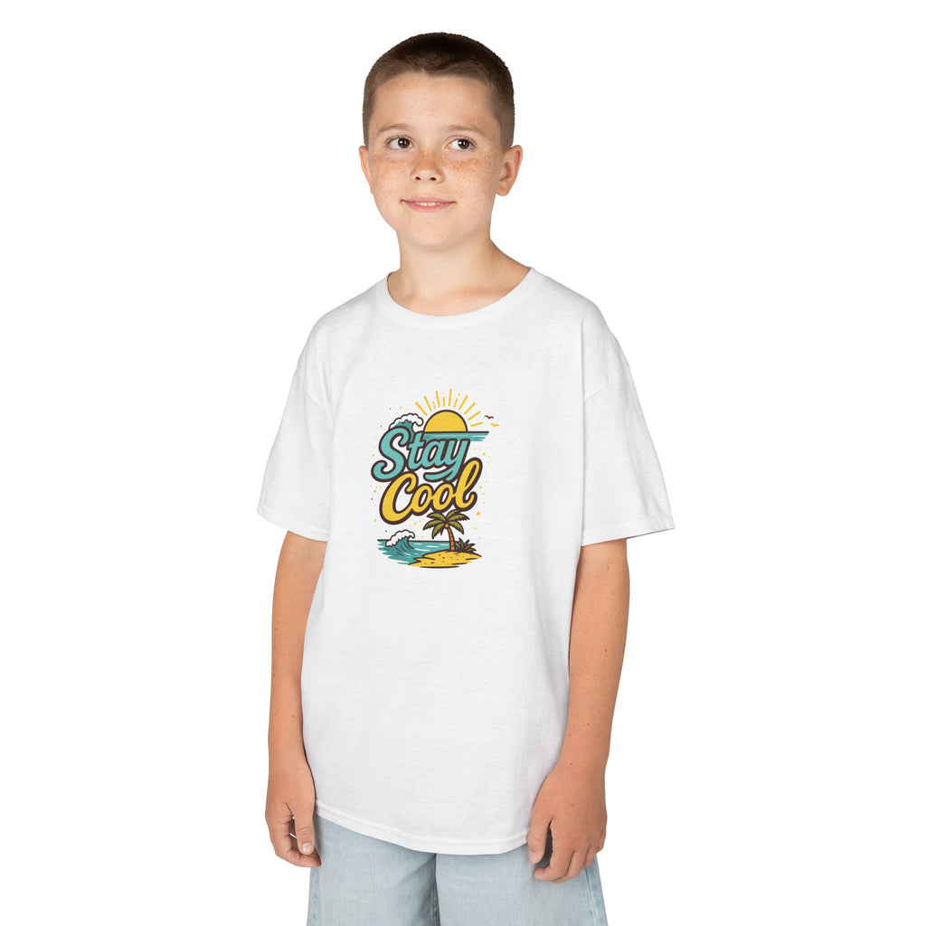 Kids "Stay Cool" Beach Graphic Tee — Tropical Sun & Palm Vacation Shirt
