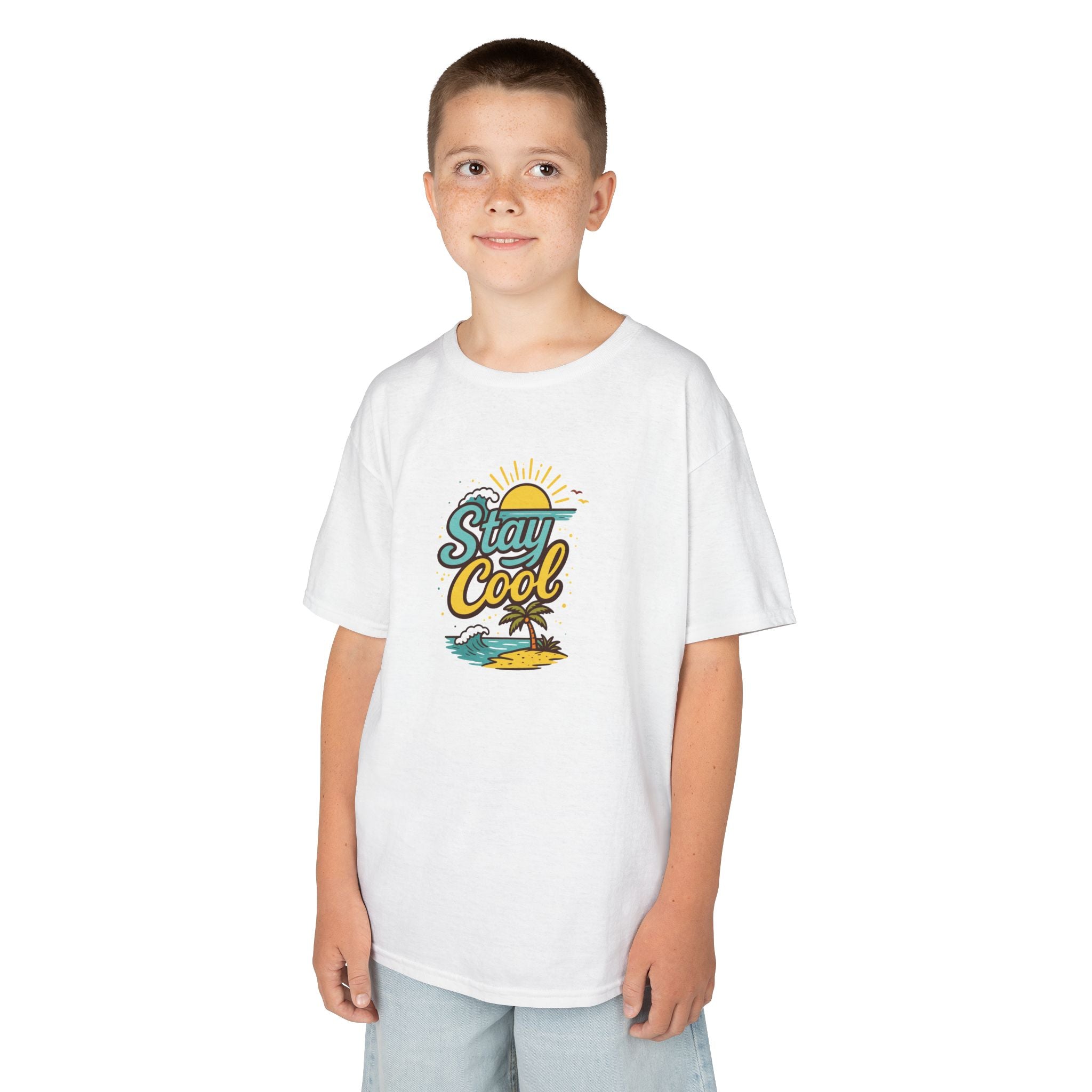 Kids "Stay Cool" Beach Graphic Tee — Tropical Sun & Palm Vacation Shirt