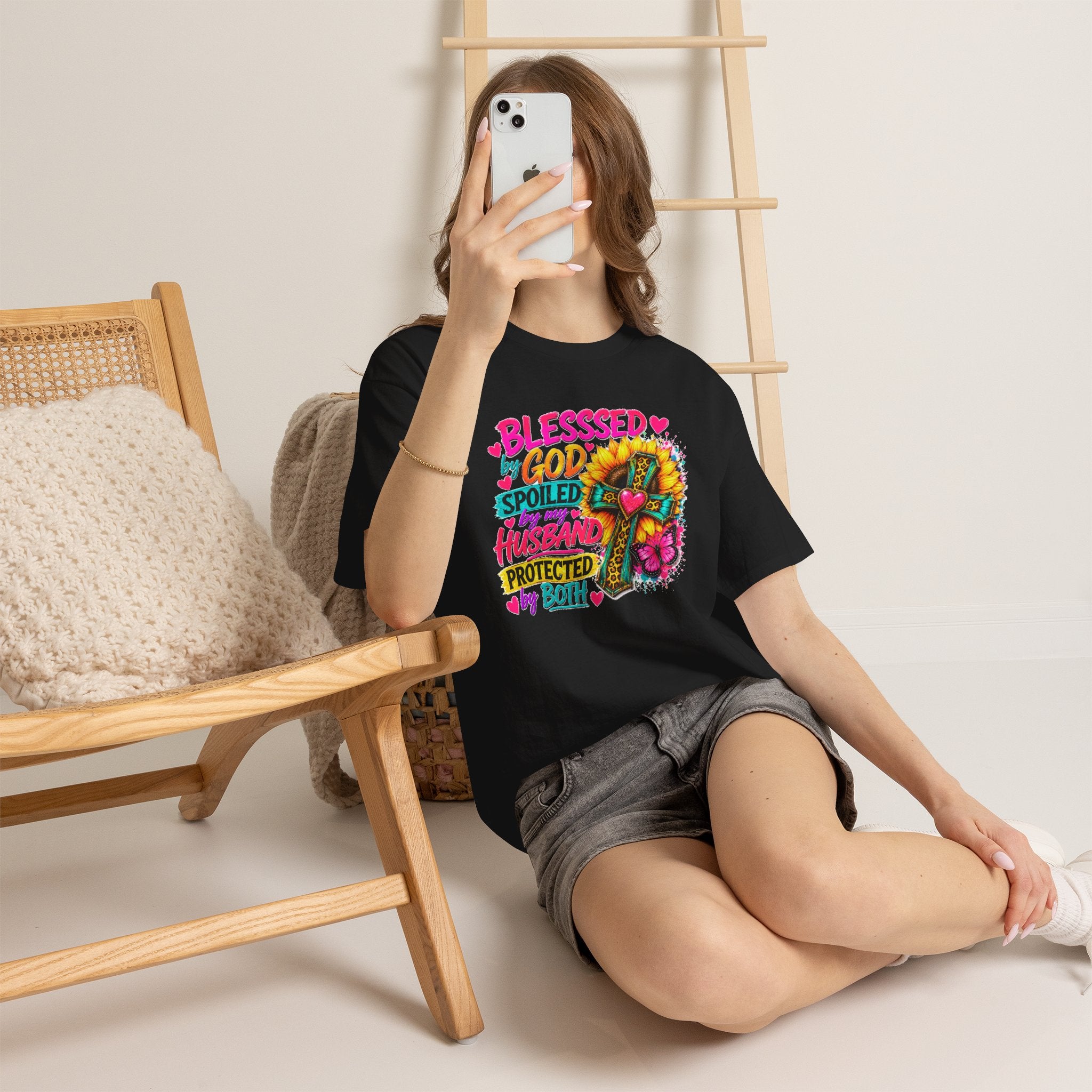 Blessed by God Spoiled by My Husband Shirt, Christian Floral Cross Tee, Faith Graphic T-Shirt for Women, Religious Gift for Wife, Cute Church Shirt
