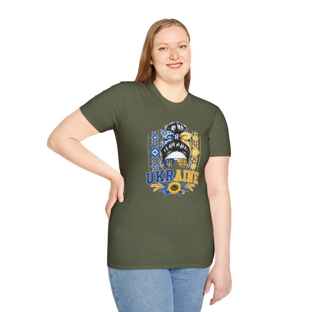 Ukraine Sunflower Hair Bun T-Shirt — Messy Bun with Blue & Yellow Bandana