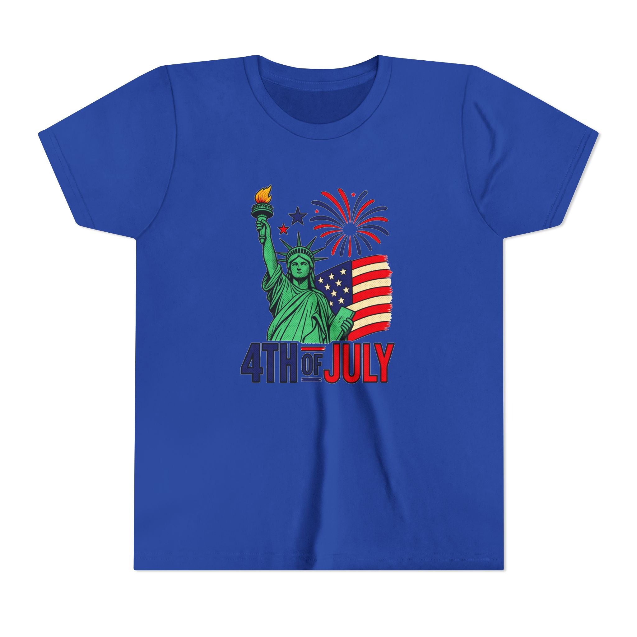 Kids 4th of July T-Shirt – Statue of Liberty, Flag & Fireworks Youth Tee