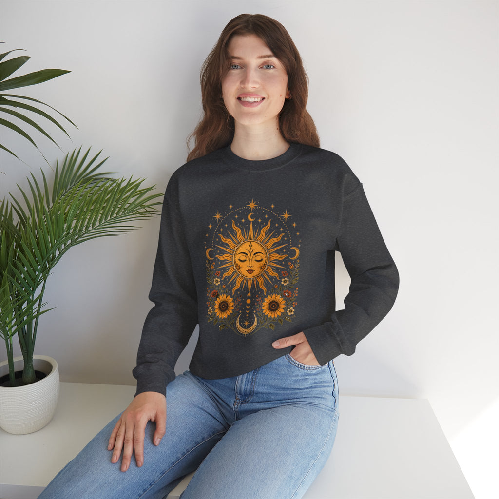 Sun & Sunflower Crewneck Sweatshirt, Boho Celestial Sweatshirt, Vintage Sun Graphic, Cozy Unisex Pullover, Gift for Her