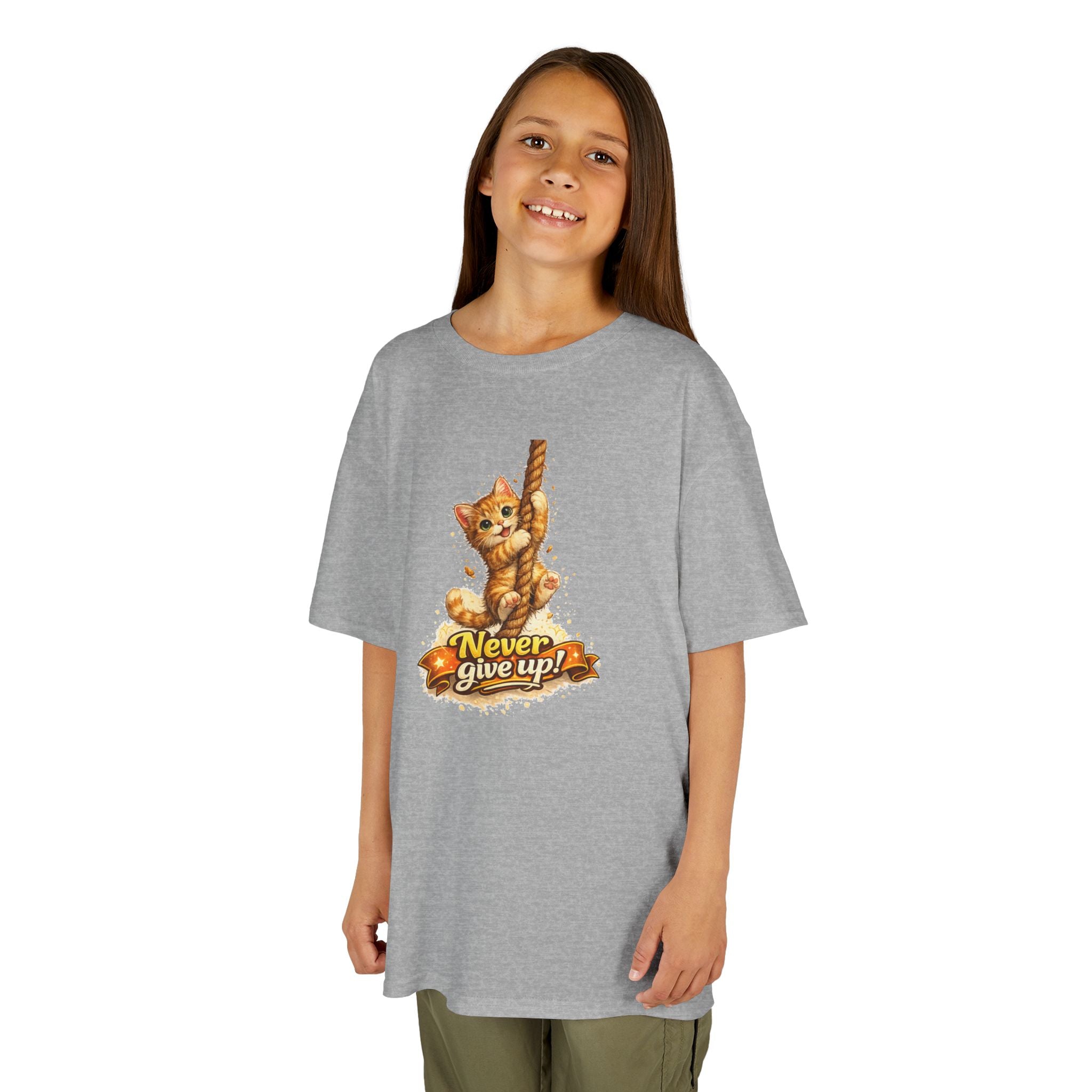 Kids Tee — Cute Climbing Kitten “Never Give Up” Inspirational Shirt