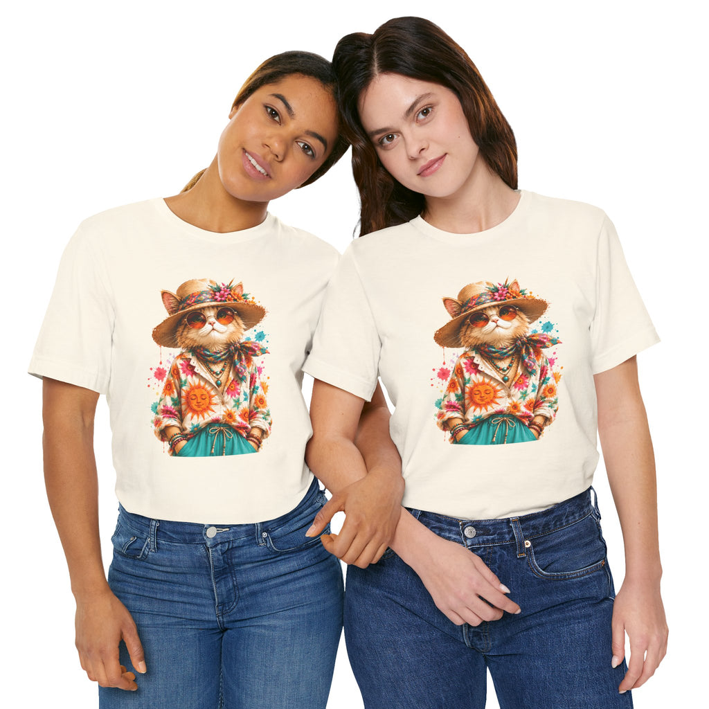 Boho Cat Graphic Tee — Floral Hat & Sunshine Cat T-Shirt