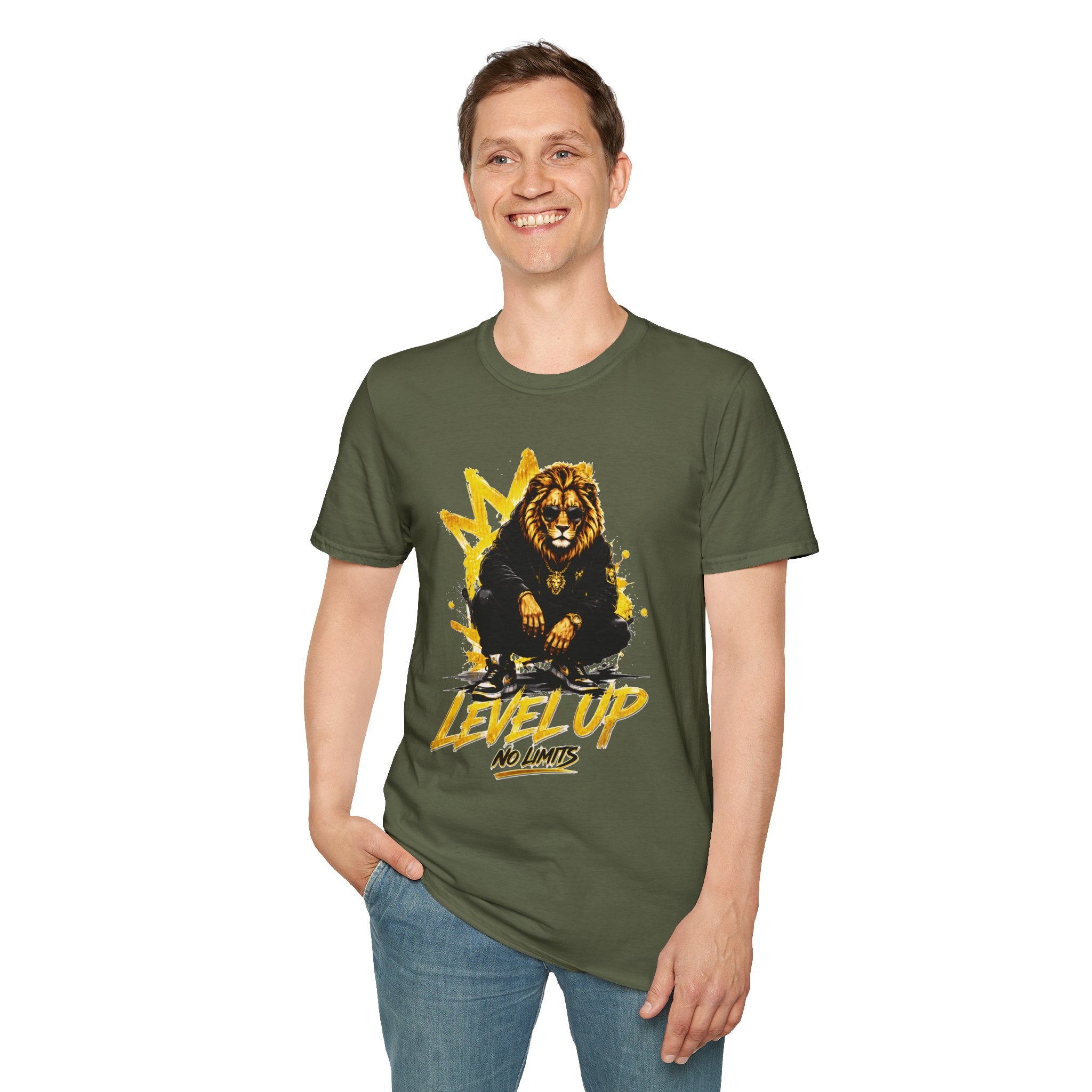 Lion 'Level Up No Limits' T-Shirt — Motivational Graphic Tee for Ambitious Souls