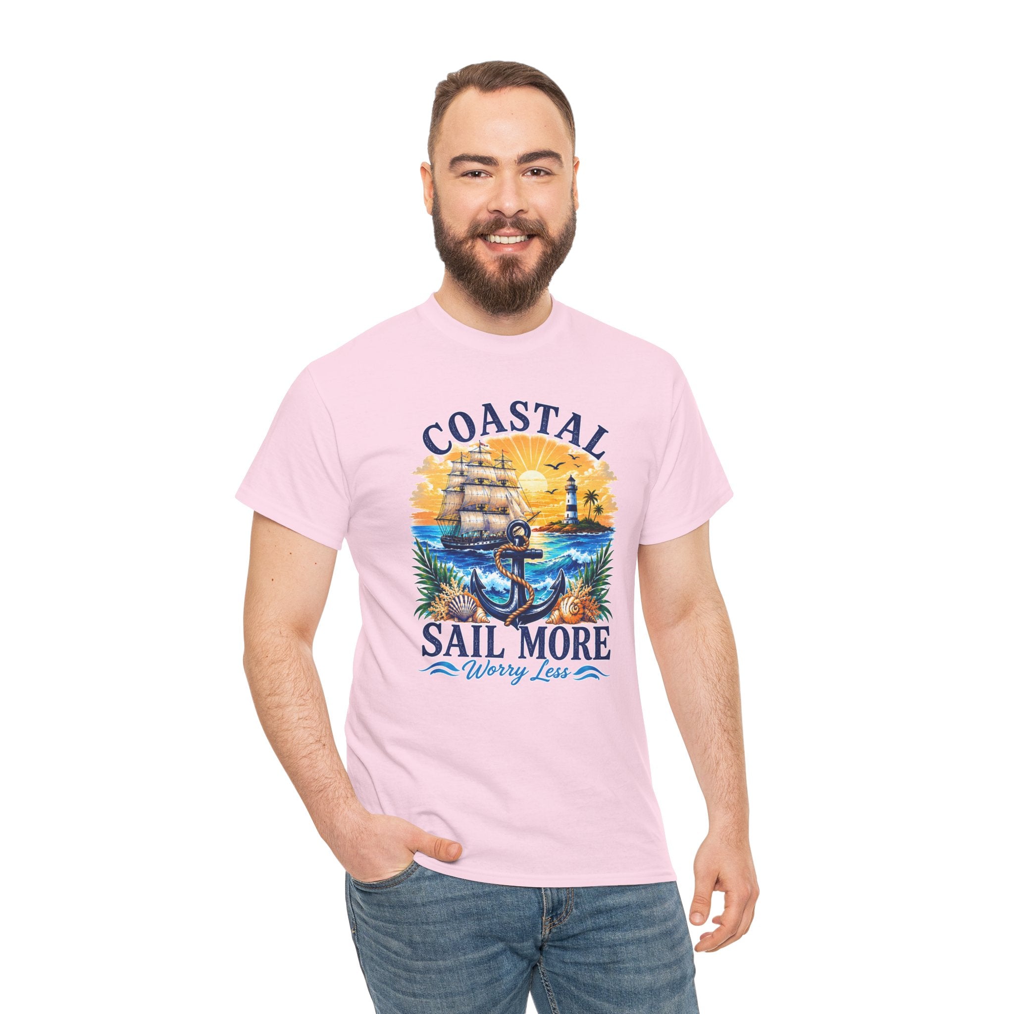 Coastal Sail More Worry Less T-Shirt | Nautical Beach Graphic Tee | Sailing Lover Shirt | Ocean Sunset Gift