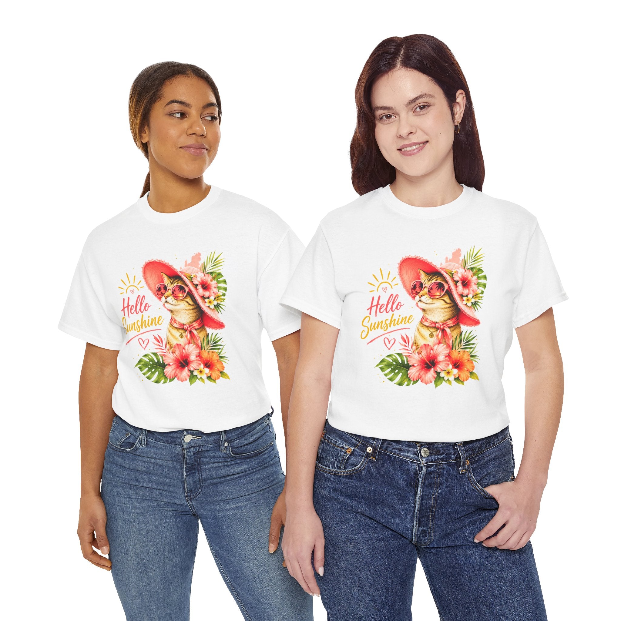 Hello Sunshine Cat Shirt | Cute Floral Cat T-Shirt | Tropical Summer Kitty Tee | Cat Lover Gift | Cute Women's Graphic Tee